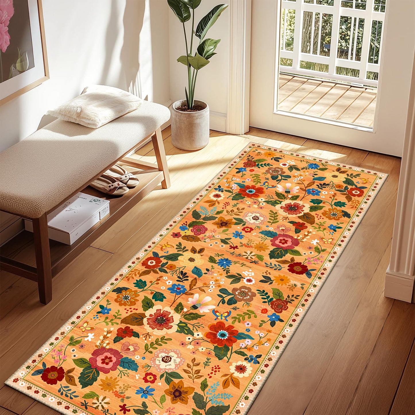RELEANY Floral Washable 5x7 Area Rugs Black | Flower Carpet, Print, Boho, Non-Slip, Easy to Clean, Soft, Low Pile for Living Room Bedroom Kitchen Office Entryway Hallway