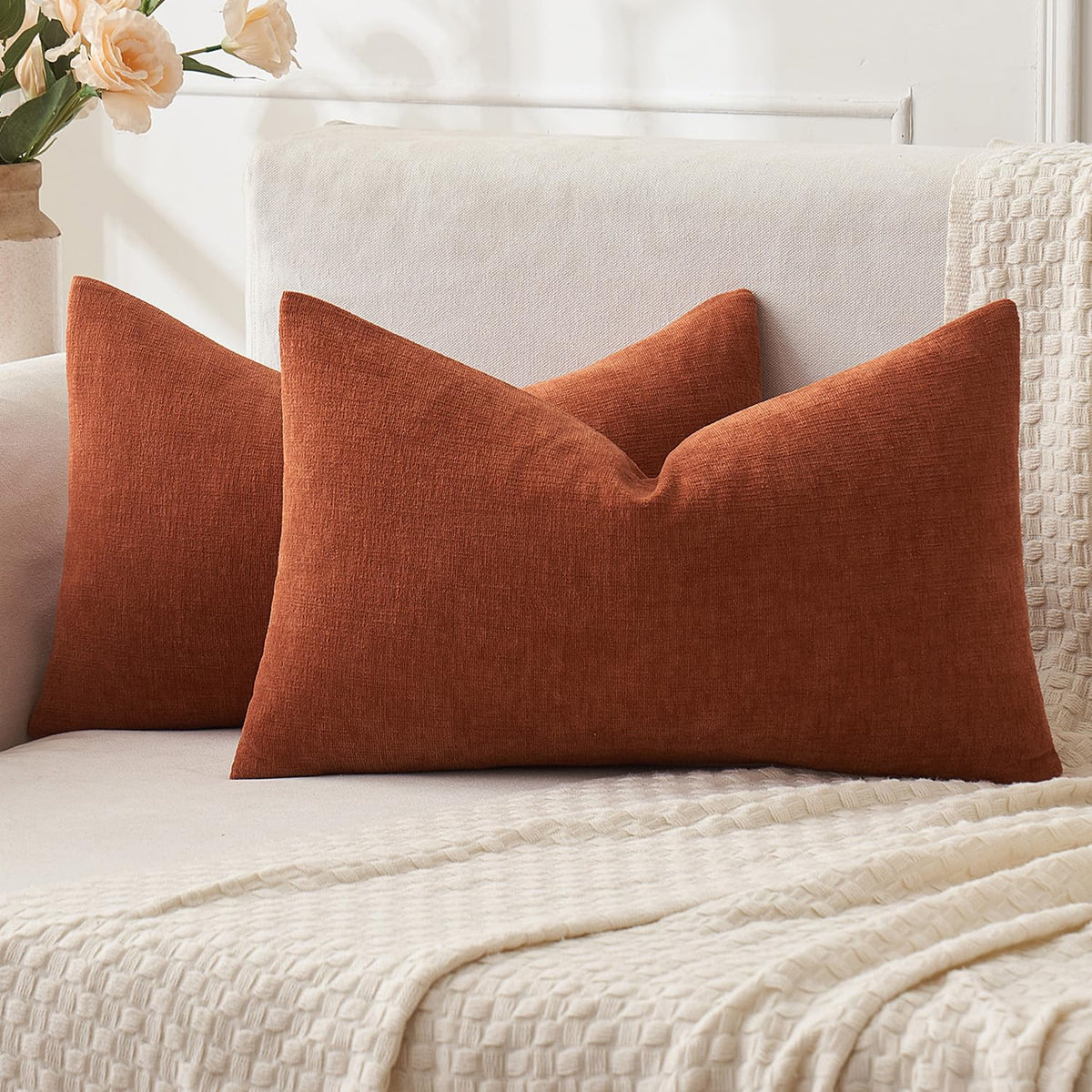 MIULEE Olive Green Chenille Couch Throw Pillow Covers, 18x18 | Set of 2, Soft Modern Farmhouse Style, Decorative Pillowcases for Sofa Living Room Bed, Home Decor