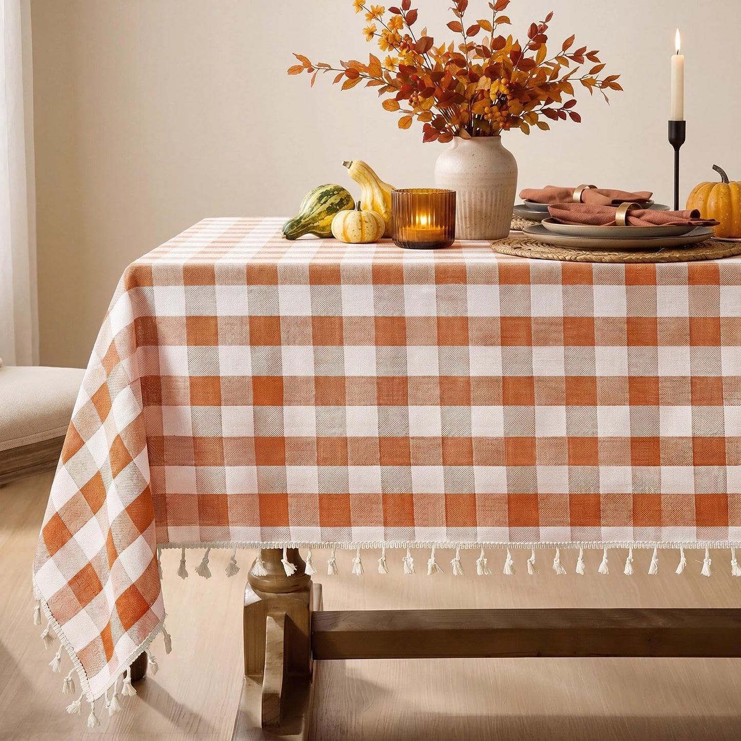 Softalker Outdoor Checkered Tablecloth, Linen Cotton Gingham Table Cloths for 6 Foot Rectangle Tables with Tassel, Heavy Duty Wrinkle Free Plaid Table Cover for Picnic Camping - 55 x 84 Inch, Sage