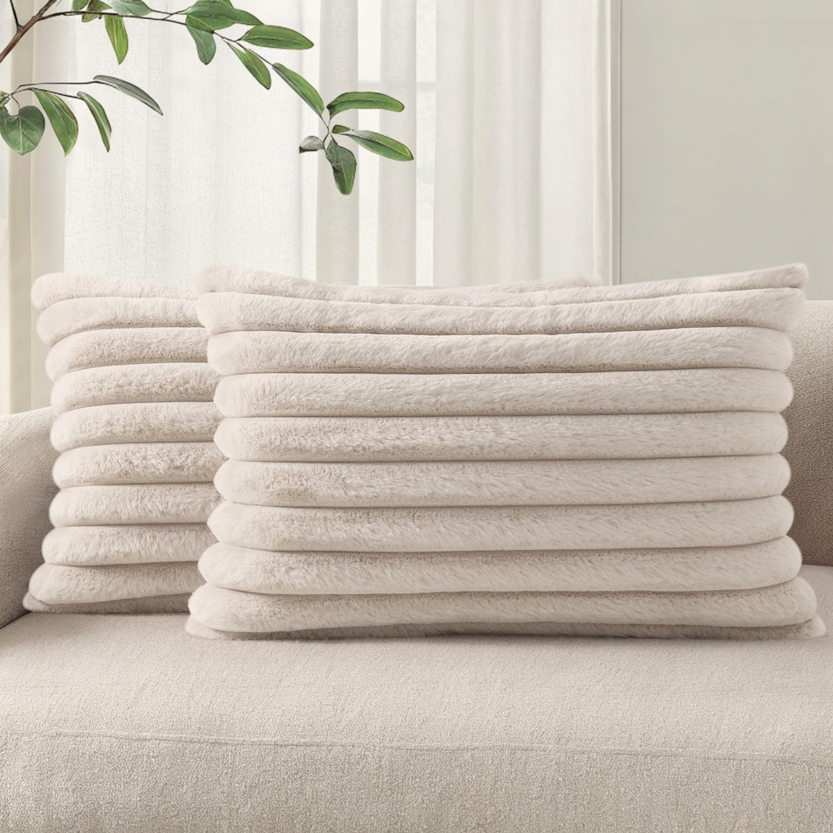 Pallene Faux Fur Decorative Throw Pillow Covers 18x18 Set of 2, Cream White | Luxury Plush Texture, Striped Design, Cozy Soft Touch, Modern Home Accent Decor for Couch, Sofa, Bed, Living Room