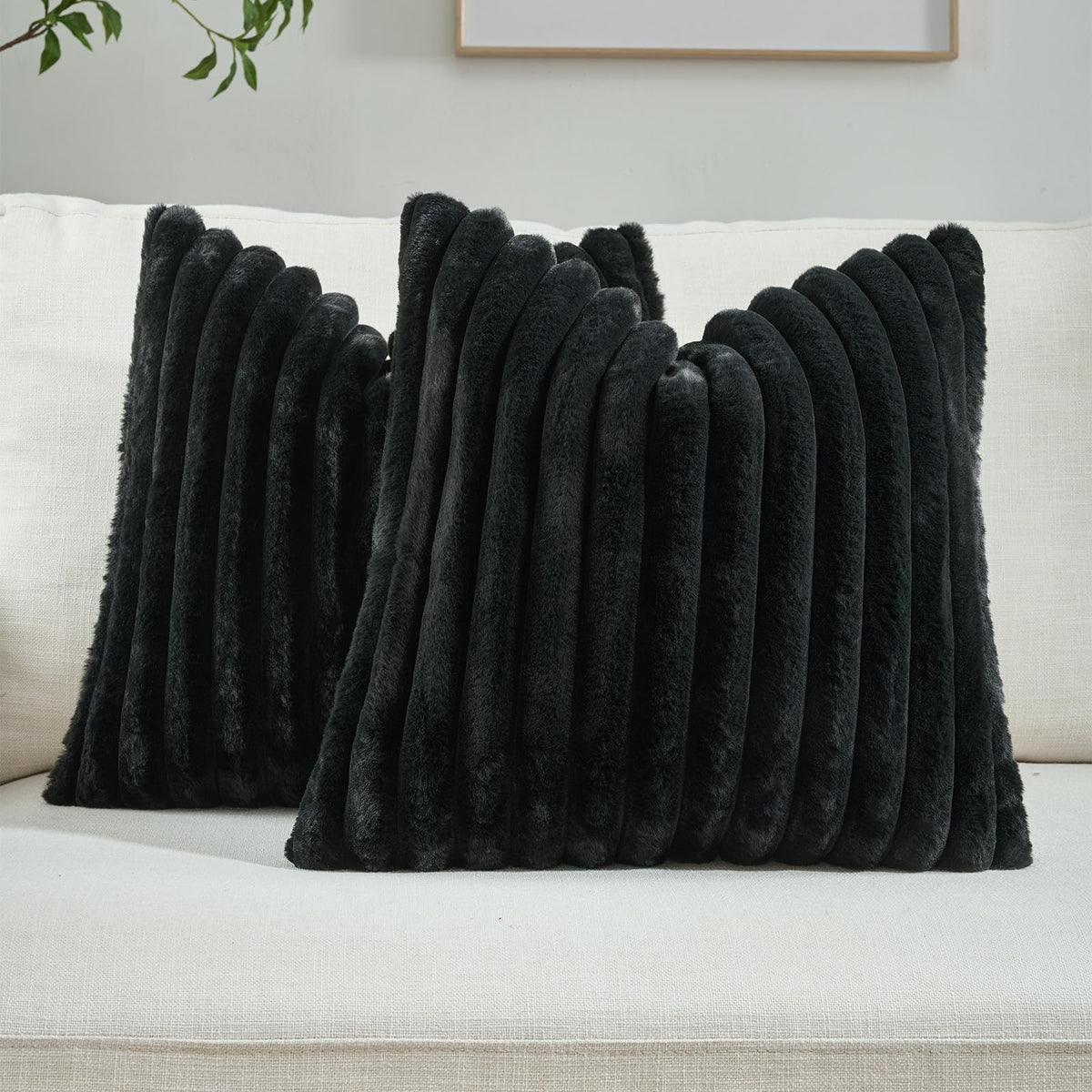 FUTEI Pack of 2 Faux Fur Throw Pillow Covers 18x18 Inch, Cream White | Fluffy Faux Rabbit Fur Front/Premium Velvet Back,Hidden Zipper,Machine Washable,Non-Shedding,Colorfast,Insert Not Included.