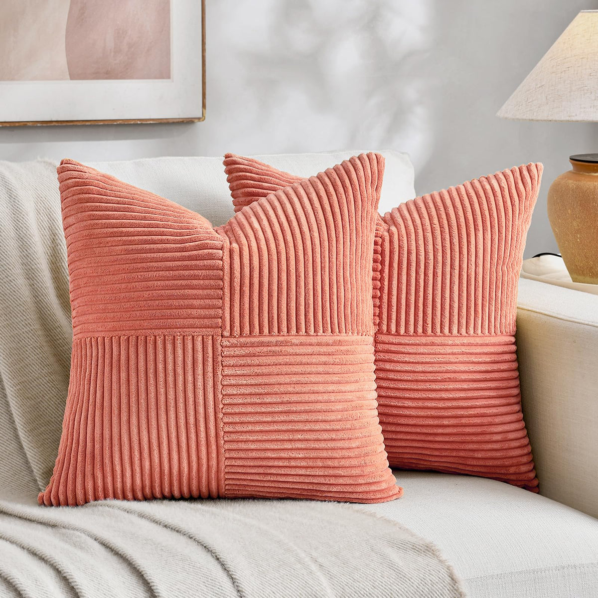 Fancy Homi 2 Packs Rust Boho Decorative Throw Pillow Covers 18x18 Inch for Couch Bed Sofa, Farmhouse Fall Home Decor, Soft Corss Corduroy Patchwork Textured Terracotta Accent Cushion Case 45x45 cm