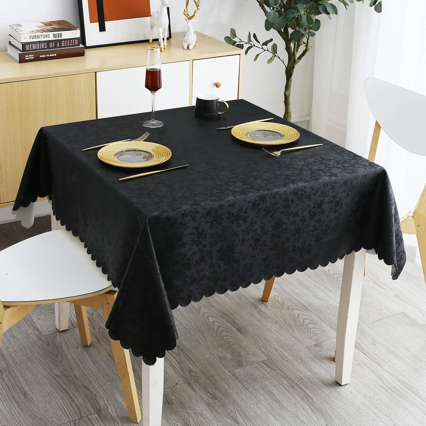 Smiry Rectangle Waterproof Heavy Duty Vinyl Tablecloths, 60 x 84 Inch | Wipeable Washable Floral Embossed Table Cover for Kitchen and Dining Room, Indoor & Outdoor Use, Beige