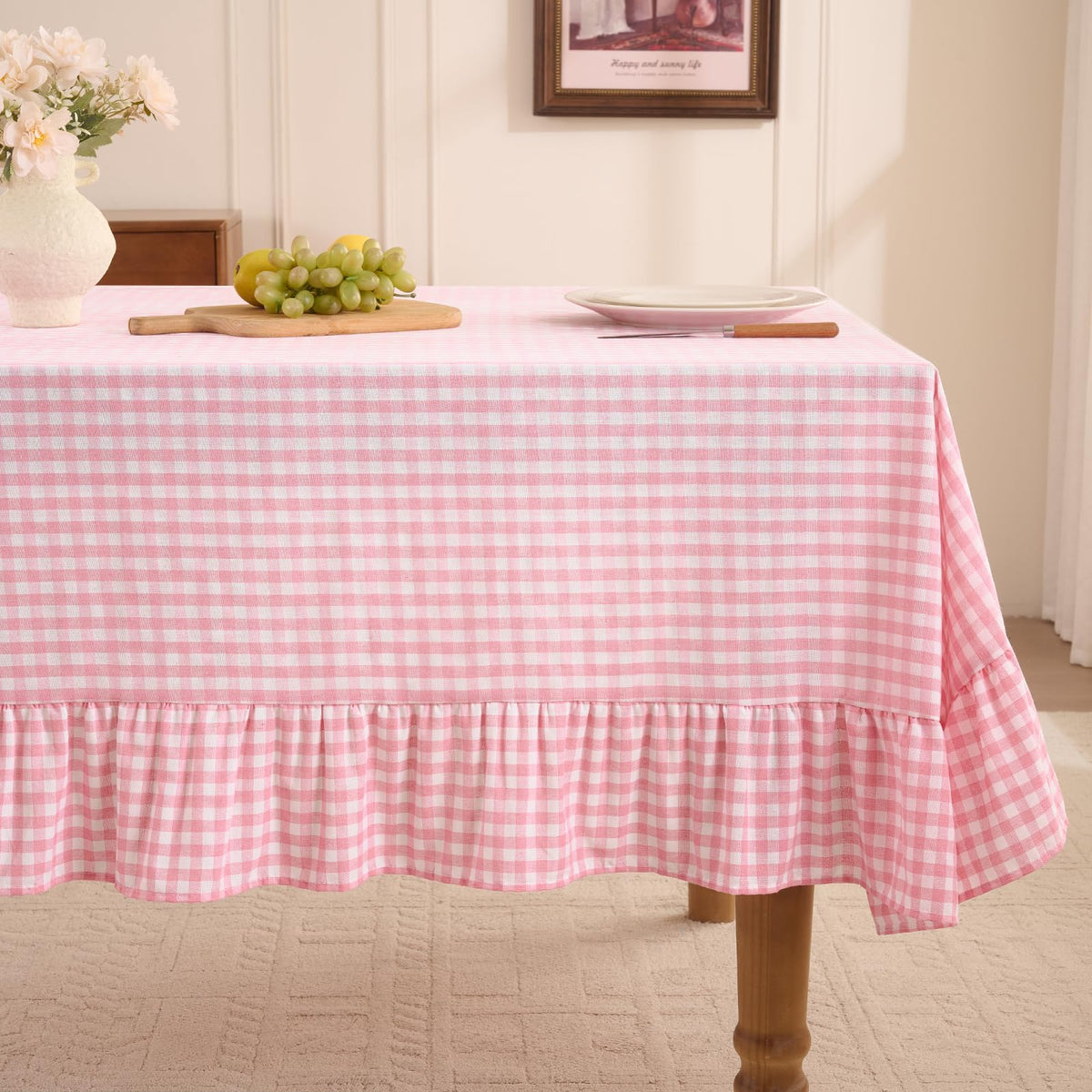 Romanstile Gingham Ruffled Tablecloth Rectangle, 60 x 84 Inch, Sage Green | Waterproof Checkered Table Cloth, Polyester-cotton, Farmhouse Plaid Table Cover for Outdoor, Picnic, Camping, Party