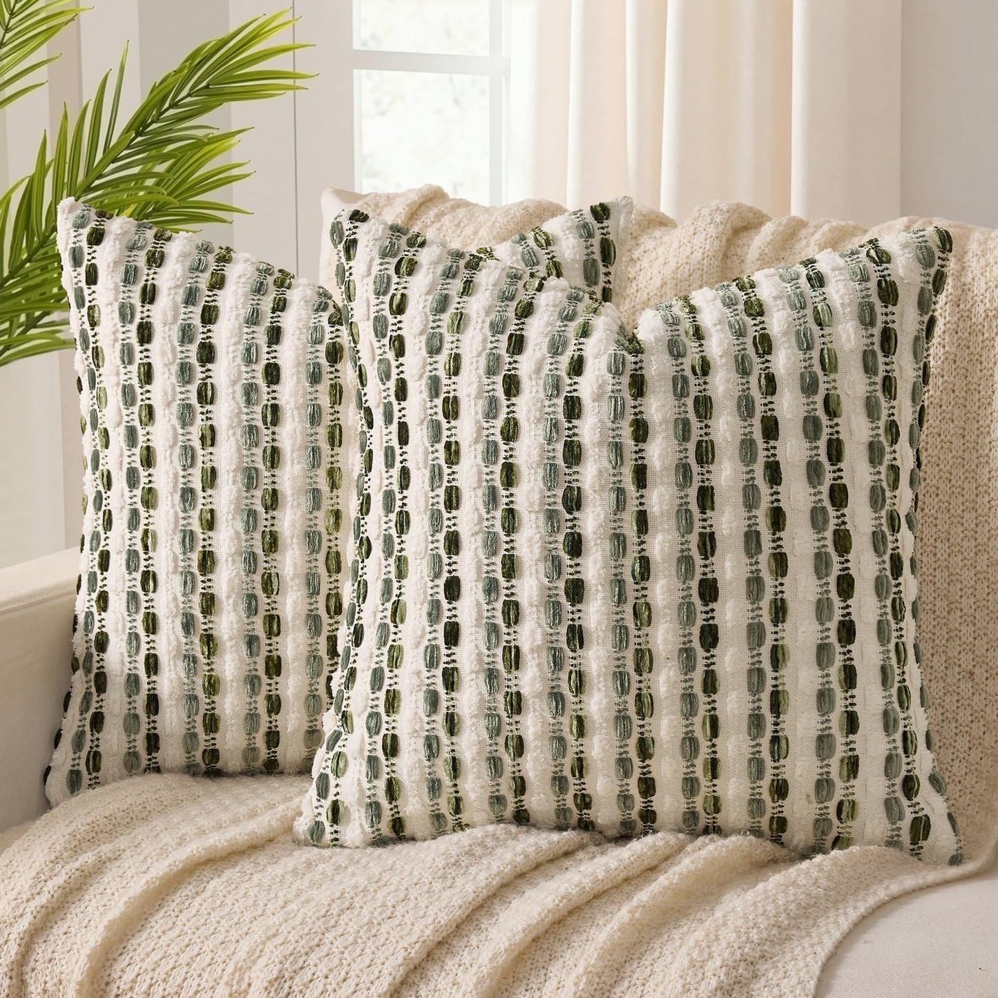 ANRODUO Boho Decorative Pillow Covers Olive Green Stripe 18x18 Pack of 2 | Throw Pillow Covers, Farmhouse Cushion Case, Chenille Pillow Cases, Pillow Covers, Accent Neutral Pillowcase for Couch Bed