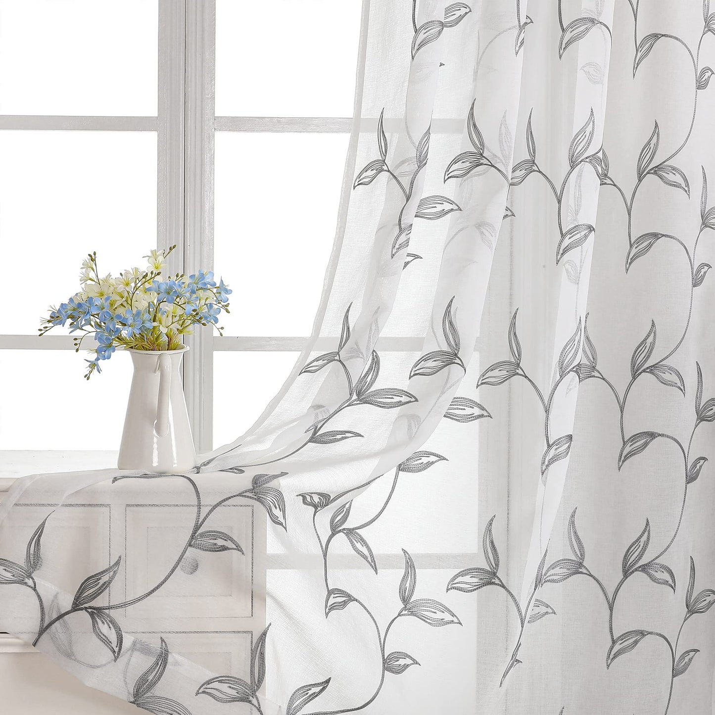 Sheer Curtains Boho Leaf Floral Embroidered Cream Beige 54Wx84L | Light Filtering Semi Sheer Voile Curtains With Design, Rod Pocket Window Drapes for Bedroom Living Room 2 Panels