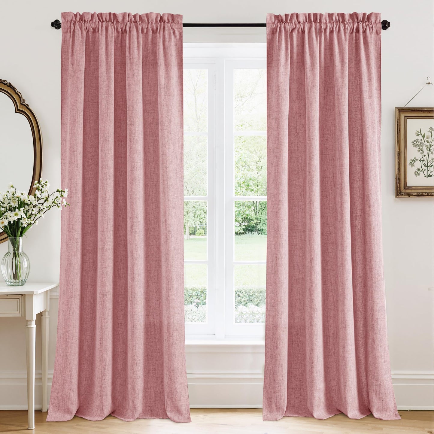 RYB HOME White Semi Sheer Curtains 84 inches Long for Living Room | Half Privacy, Linen Textured, Sheer Light Filtering, Vertical Window Drapes, for Bedroom Dining, White, W52 x L84, 2 Panels