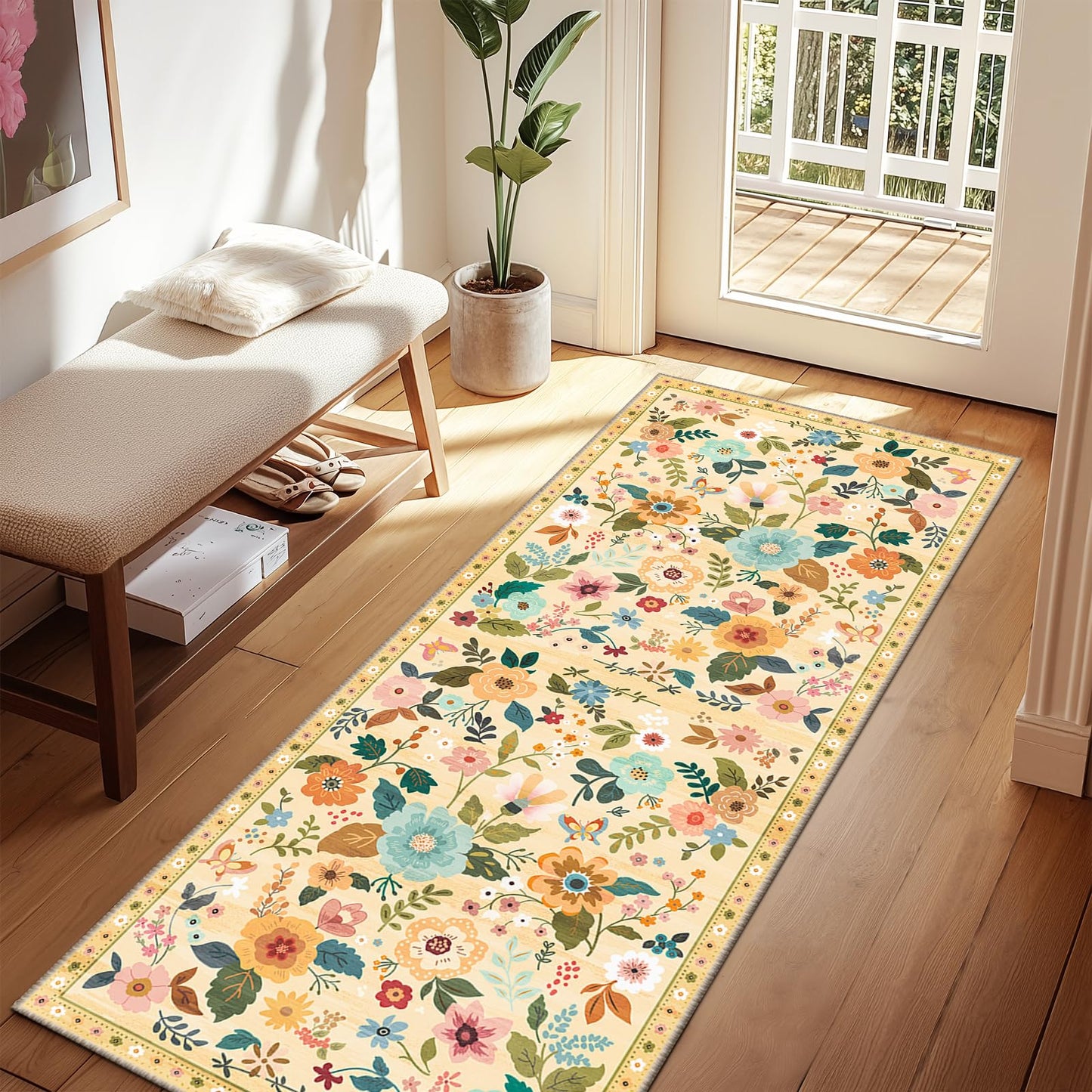 RELEANY Floral Washable 5x7 Area Rugs Black | Flower Carpet, Print, Boho, Non-Slip, Easy to Clean, Soft, Low Pile for Living Room Bedroom Kitchen Office Entryway Hallway