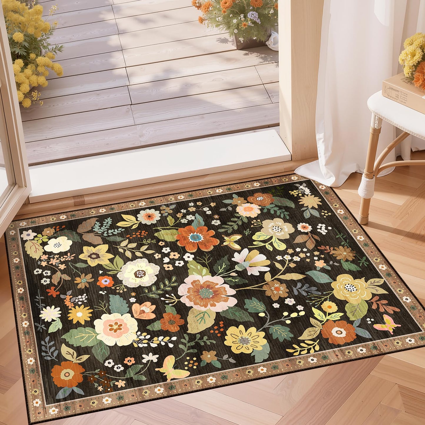 RELEANY Floral Washable 5x7 Area Rugs Beige/White/Orange | Flower Carpet, Print, Boho, Non-Slip, Easy to Clean, Soft, Low Pile for Living Room Bedroom Kitchen Office Entryway Hallway