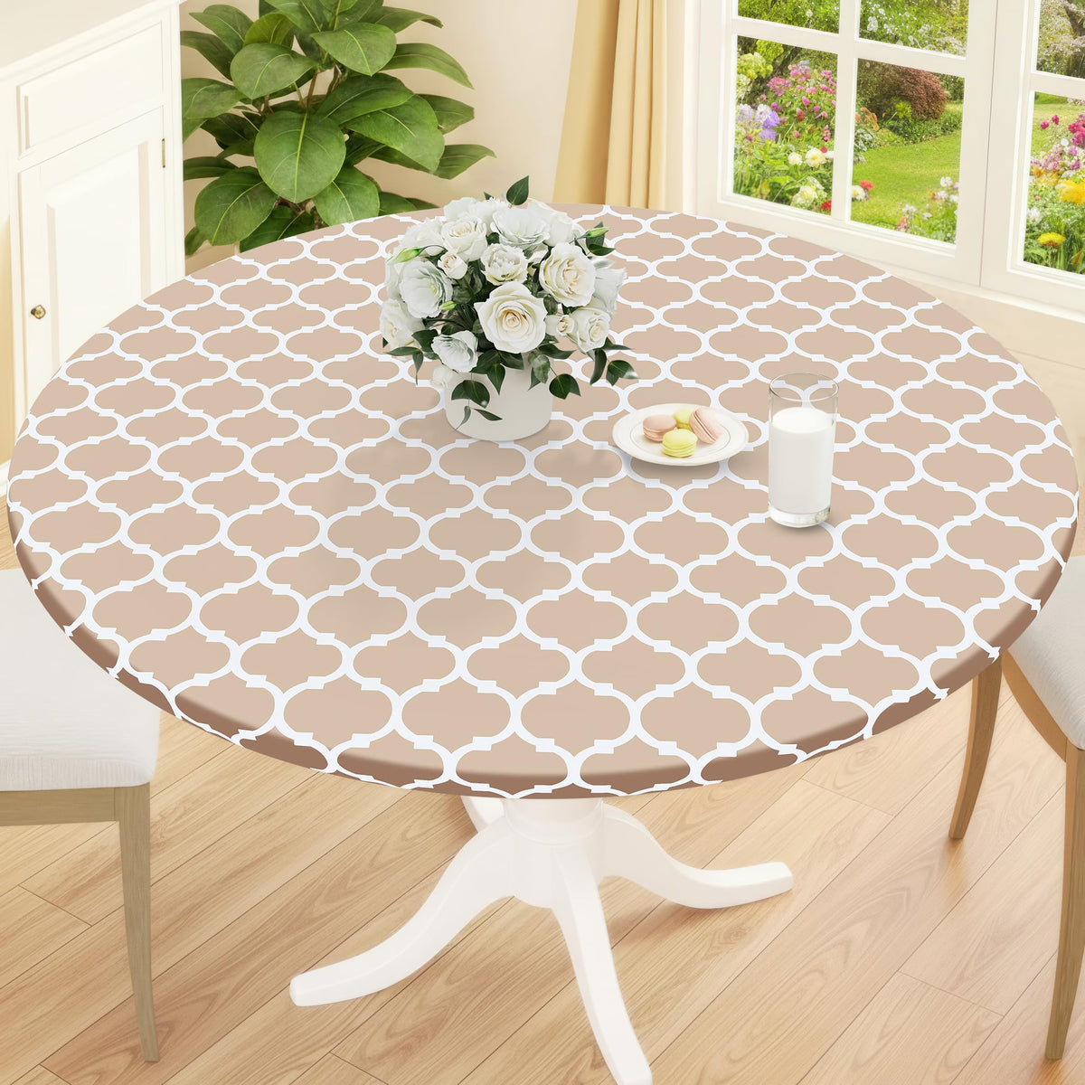 Smiry Round Picnic Tablecloth, Waterproof Elastic Fitted Table Covers for 45" - 56" Tables, Wipeable Flannel Backed Vinyl Tablecloths for Camping, Indoor, Outdoor, Grey & White