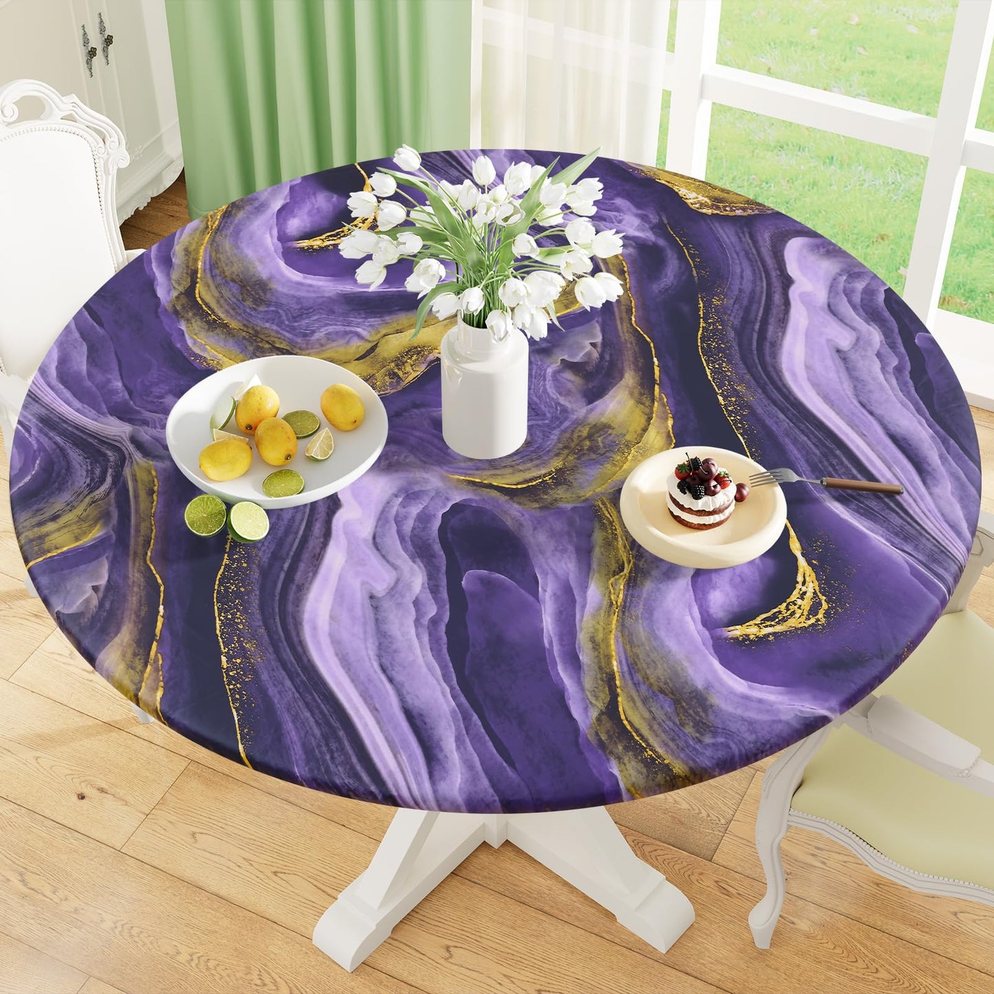 Round Fitted Tablecloth with Elastic Edge, 100% Waterproof Oil Proof Plastic Table Cover, Vinyl Flannel Backed Tablecloth Fits 36"-44" Round Tables for Dinner, Outdoor, Picnic, Oak Wooden Grain