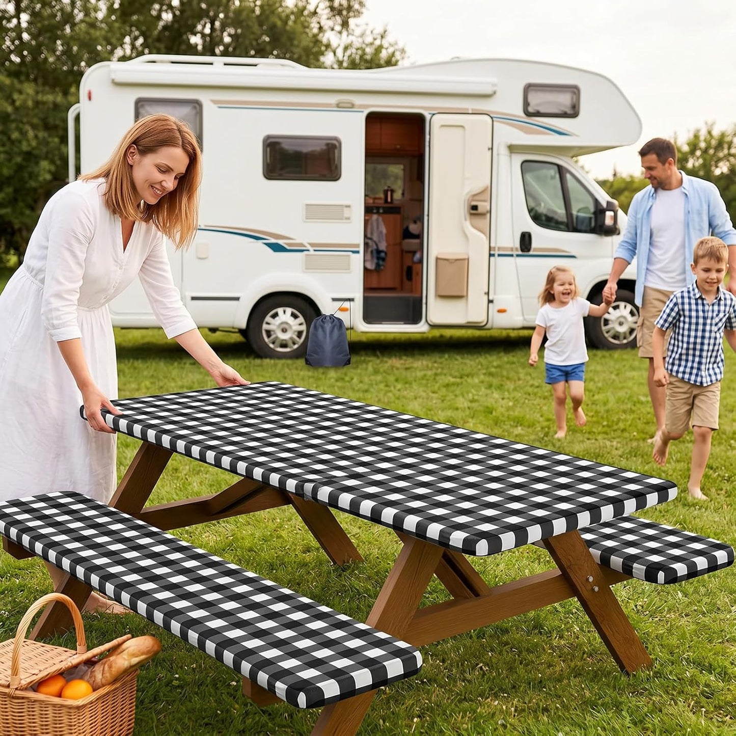 Smiry 6FT Picnic Table Cover with Bench Covers, Elastic Fitted Tablecloth | Waterproof Washable Rectangle Tablecloths ,Buffalo Plaid Tablecloth for Dining, Camping, Outdoor (Black & White, 30" x 72")