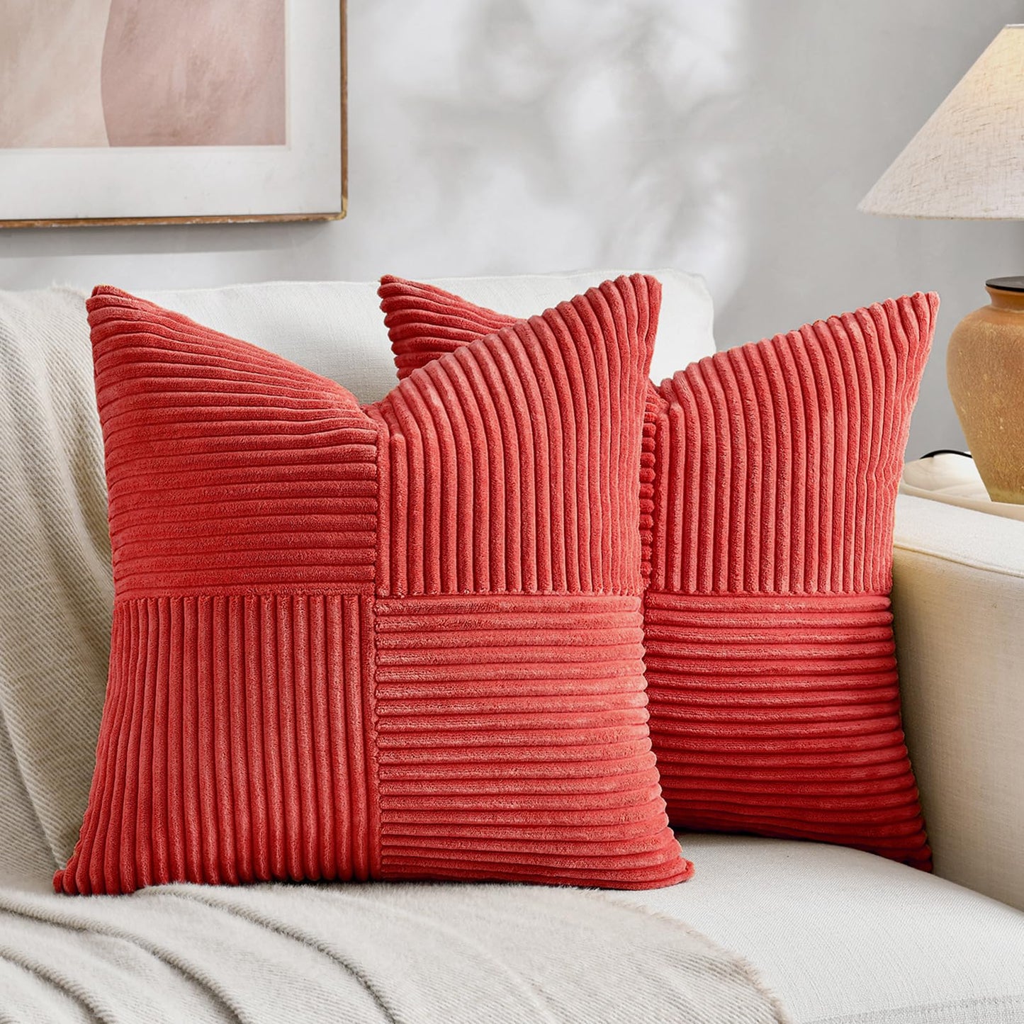 Fancy Homi 2 Packs Rust Boho Decorative Throw Pillow Covers 18x18 Inch for Couch Bed Sofa, Farmhouse Fall Home Decor, Soft Corss Corduroy Patchwork Textured Terracotta Accent Cushion Case 45x45 cm