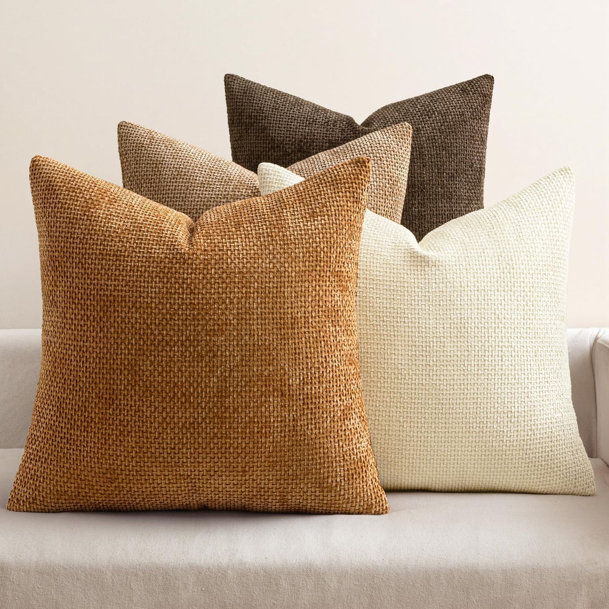 MIULEE Soft Decorative Chenille Pillow Covers Neutral 18x18 Pack of 4 | Mid Century Modern Decor, Cream to Charcoal Set, Couch Throw Pillows, Farmhouse Boho Cushion Covers for Sofa Bed Living Room