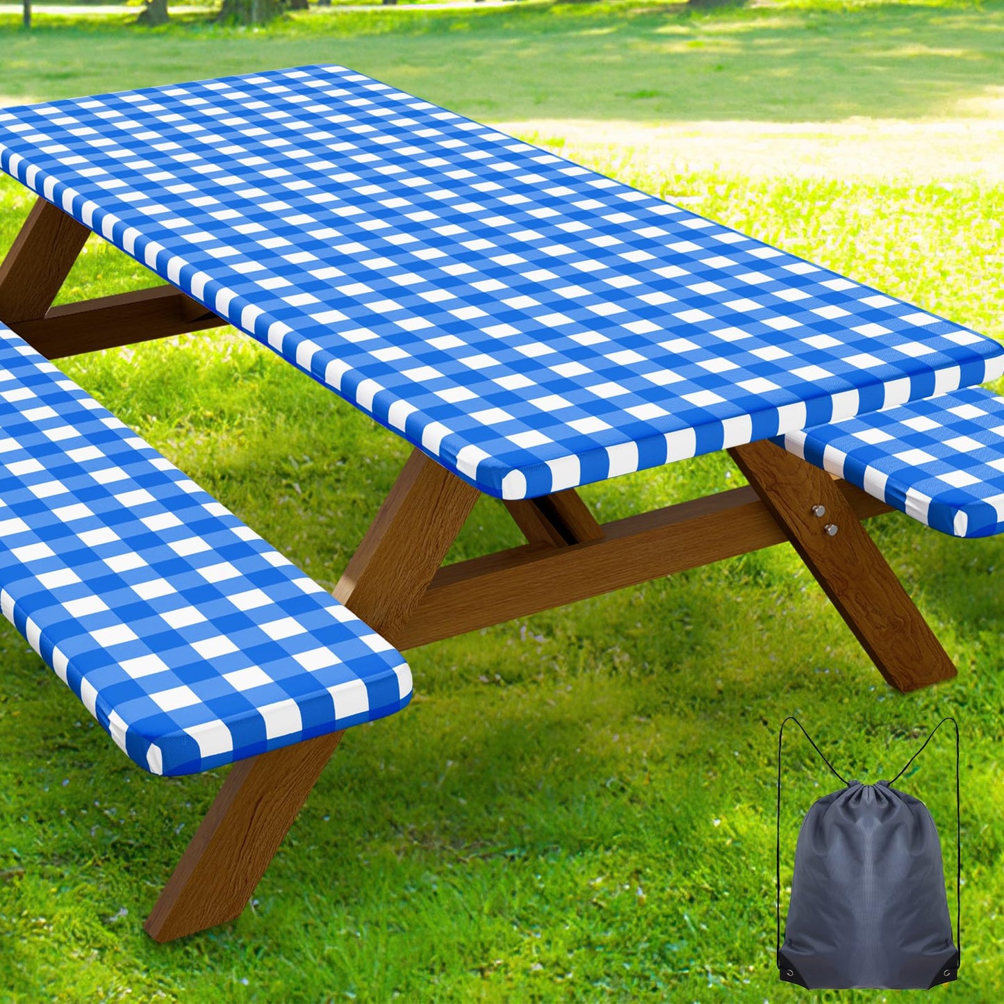 Smiry 6FT Picnic Table Cover with Bench Covers, Elastic Fitted Tablecloth | Waterproof Washable Rectangle Tablecloths ,Buffalo Plaid Tablecloth for Dining, Camping, Outdoor (Black & White, 30" x 72")