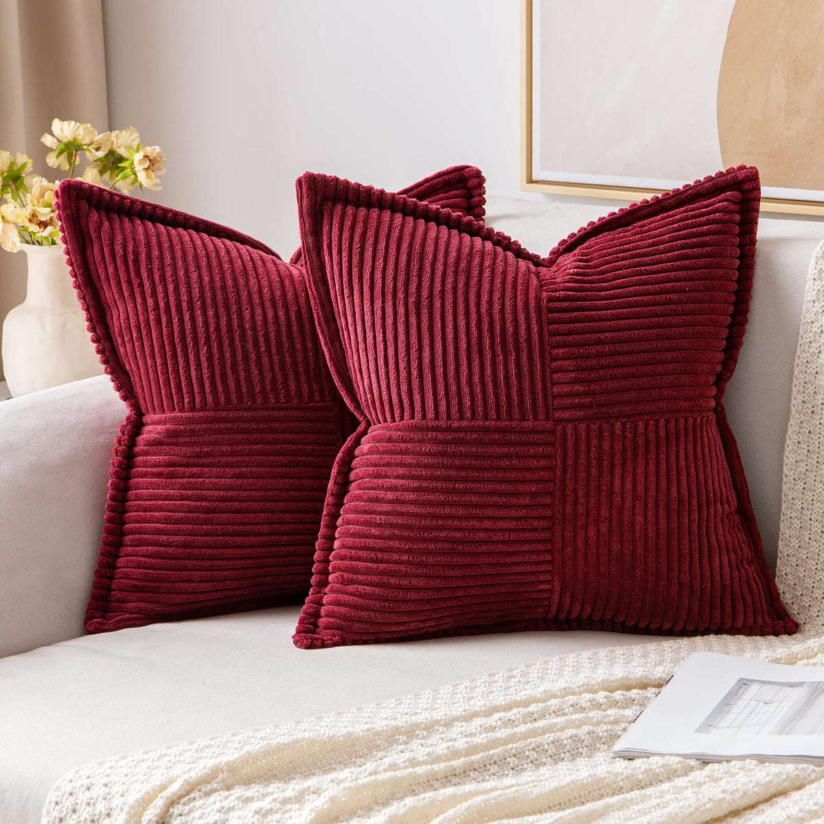 MIULEE Decorative Throw Pillow Covers for Couch 18x18 Inch Beige 2 Pack | Boho Broadside Striped Patchwork Pillow Covers, Soft Corduroy Cushion Cases, For Sofa Bed Livingroom Home Decor