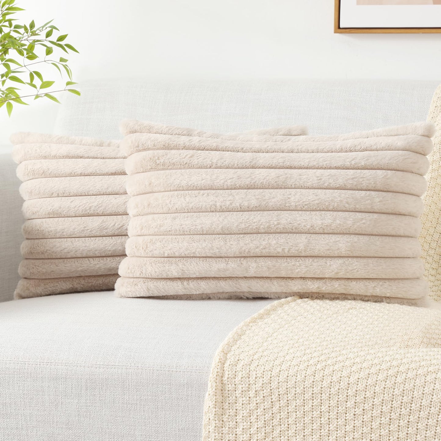 Pallene Faux Fur Decorative Throw Pillow Covers 18x18 Set of 2, Cream White | Luxury Plush Texture, Striped Design, Cozy Soft Touch, Modern Home Accent Decor for Couch, Sofa, Bed, Living Room