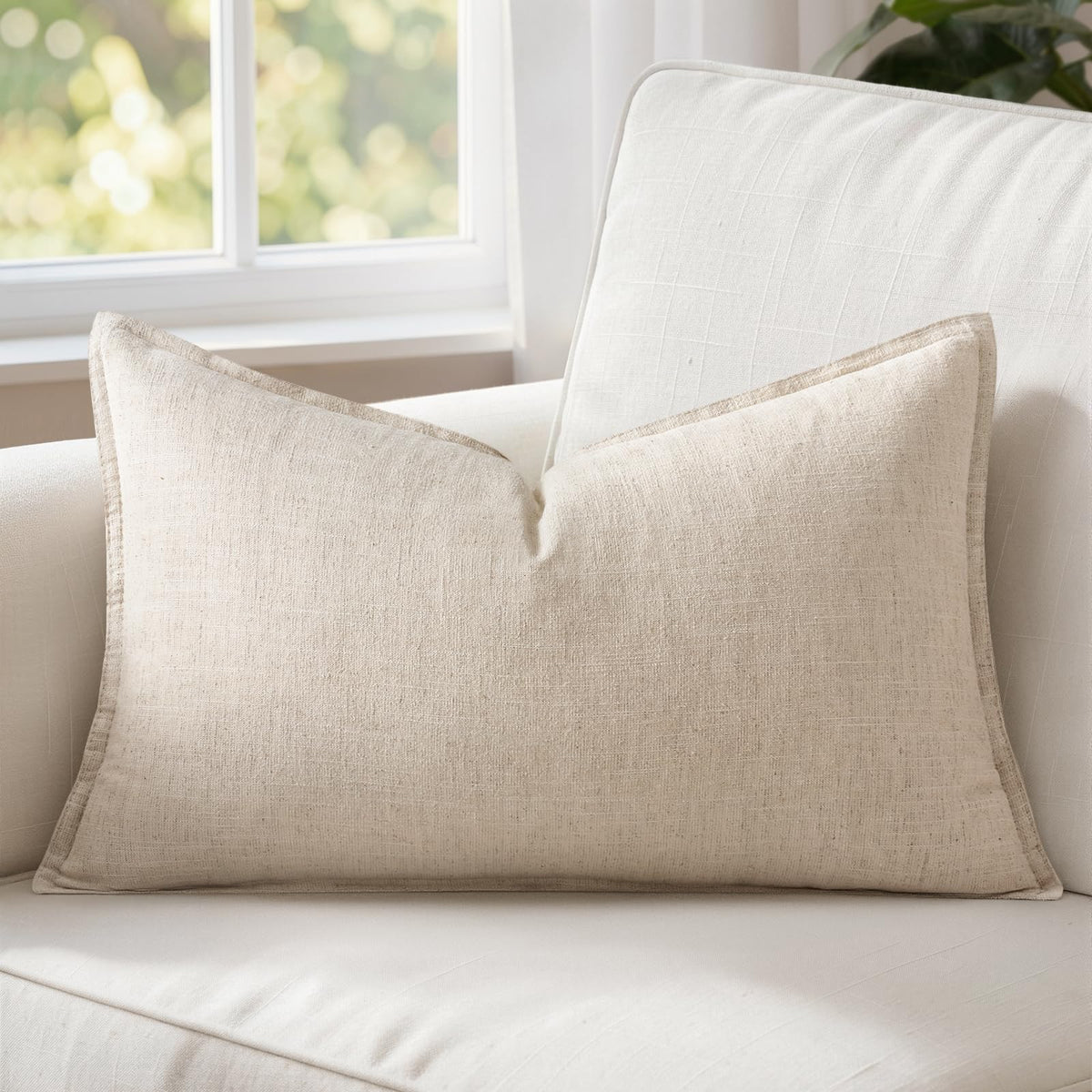 MIULEE Decorative Linen Lumbar Pillow Cover 14x36 Inch Natural Beige | Boho Farmhouse Neutral Couch Long Throw Pillow for Bed, Pack of 1 Accent Modern Pillowcase, Sofa Livingroom Home Decor