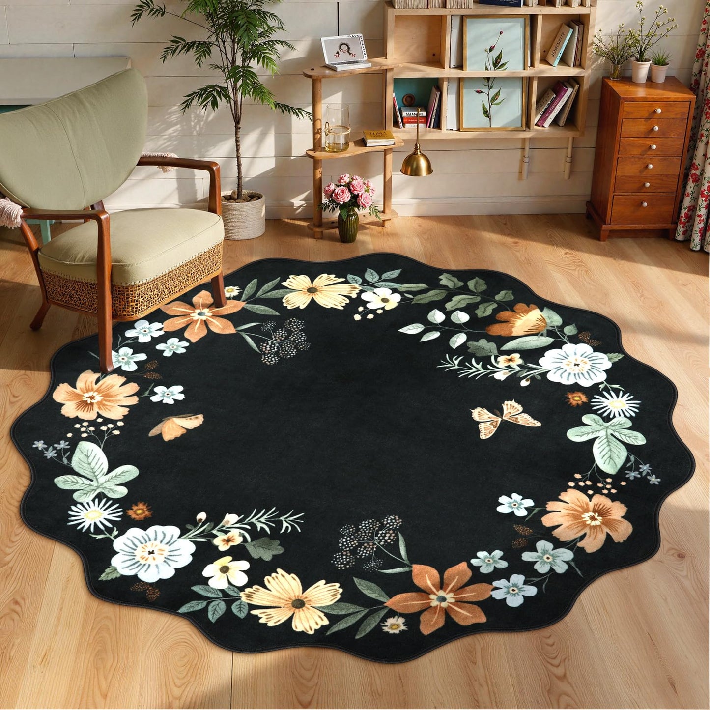 Lahome Floral Rugs for Living Room, 5x7 Area Rugs Ultra-Thin Soft Washable Rug, Non-Slip Bedroom Rug Stain Resistant Boho Flore Carpet for ‎Dining Room Office (5x7ft,Black/Grey)