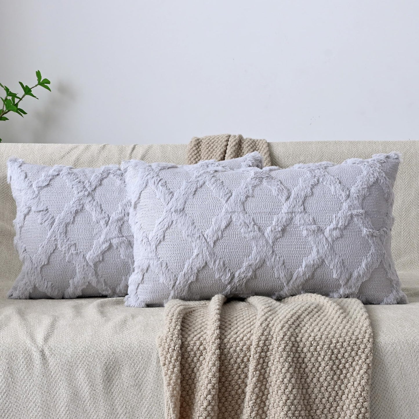 Set of 2 Soft Moroccan Throw Pillow Covers 18x18 Inch Plush Boho Decorative Pillow Cover Accent Cushion Case for Couch Sofa Bed, Beige