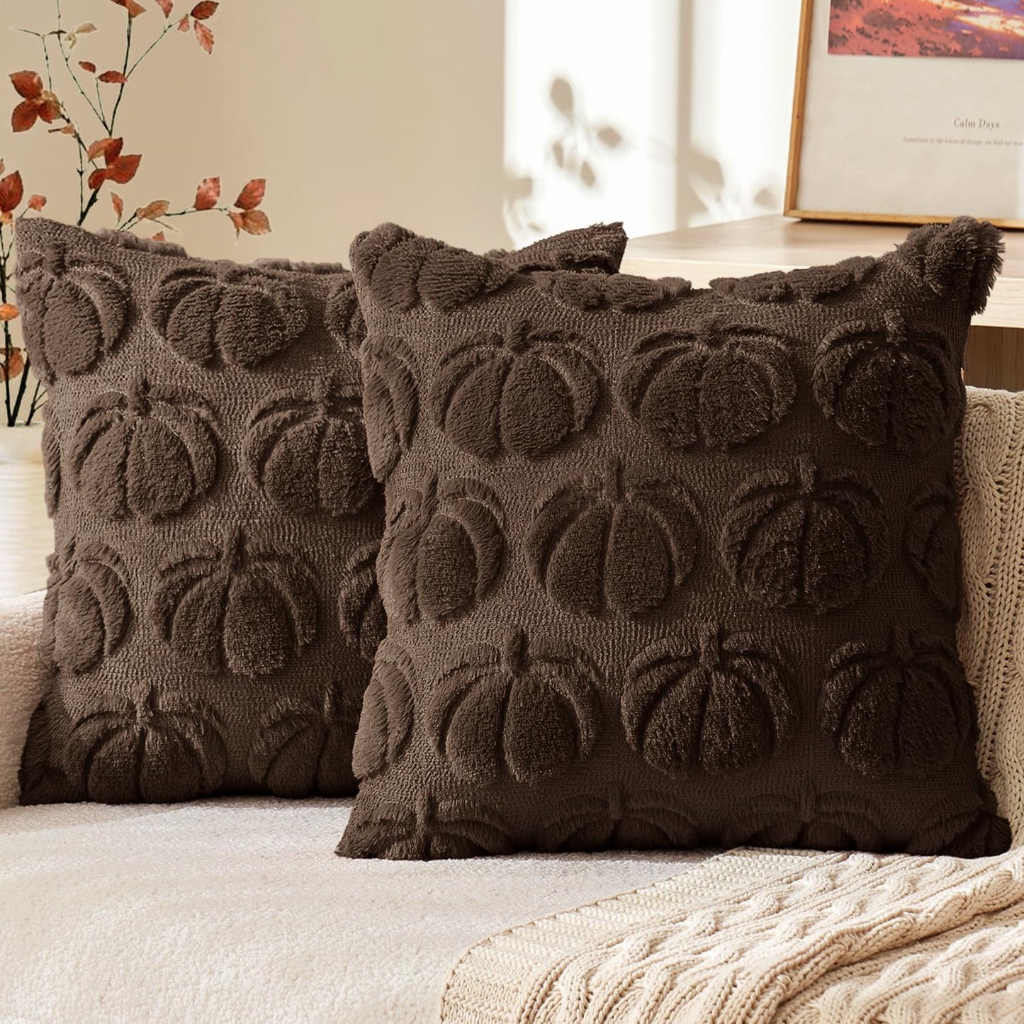 MIULEE Fall Pillow Covers Pumpkin Fall Decor 18x18 Dark Rust | Set of 2 Fall Decorations for Home, Plush Faux Fur Farmhouse Accent Pillowcases, Porch Sofa Couch Cushion Bed Livingroom