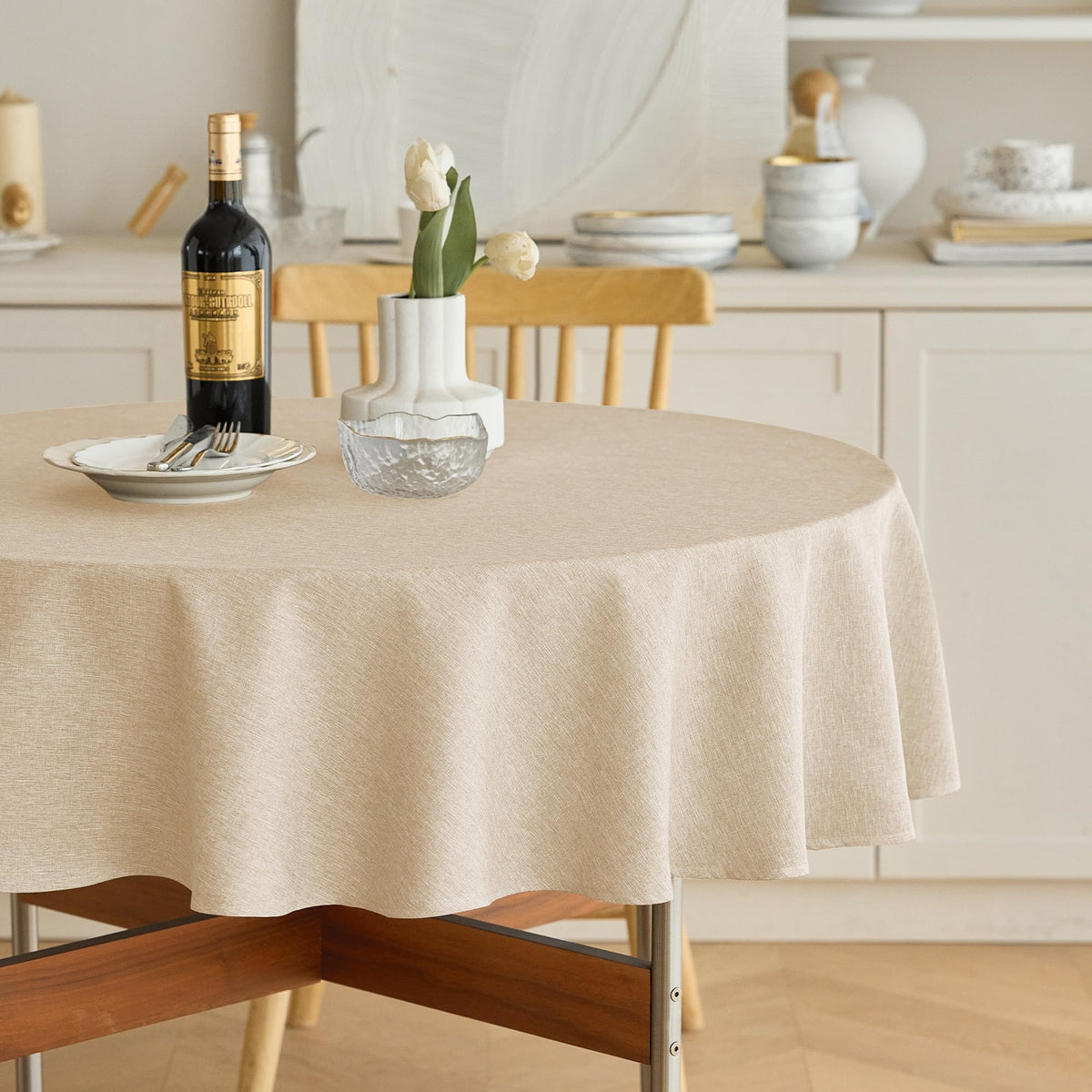 Decorelia Faux Linen Round Tablecloths 60 inch, Waterproof Decorative Washable Texture Rustic Circle Table Cloth Cover for Dining Kitchen Party Farmhouse Outdoor(Round (2-4 Seats),Sage Green)