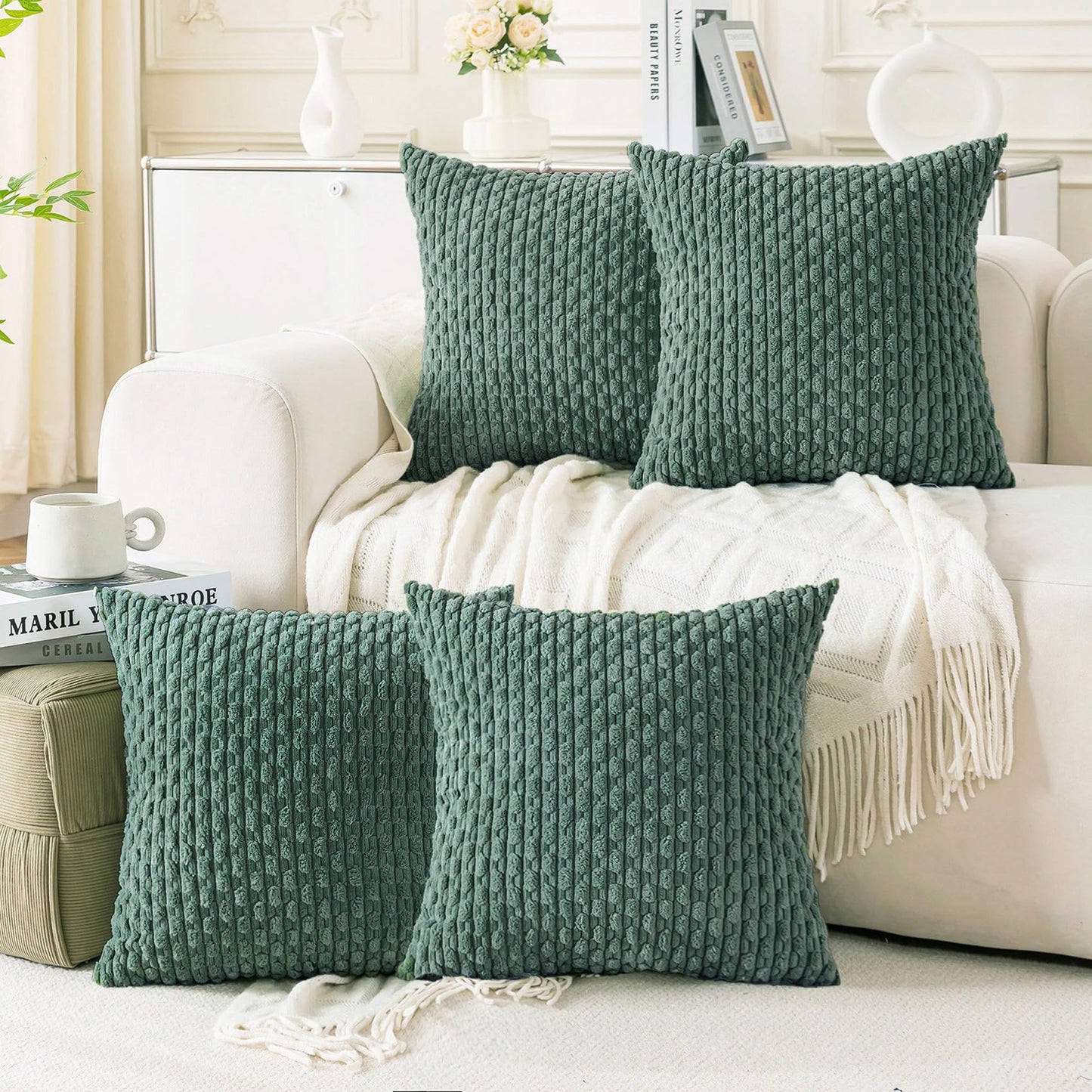 Set of 4 Neutral Decorative Throw Pillow Covers 18x18 Inch Corduroy Pillow Covers for Bed Couch Sofa Living Room Soft Square Cushion Cases