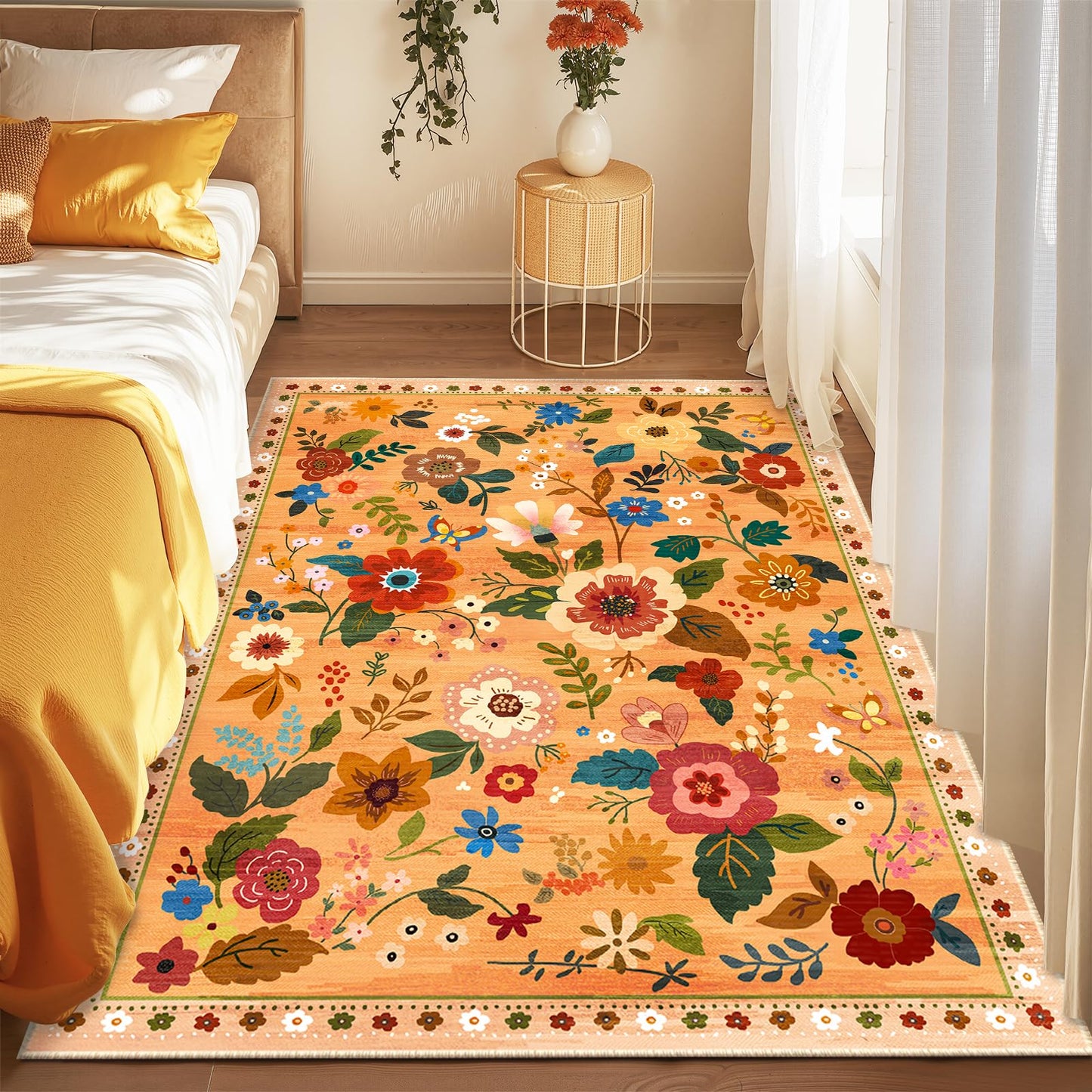 RELEANY Floral Washable 5x7 Area Rugs Beige/White/Orange | Flower Carpet, Print, Boho, Non-Slip, Easy to Clean, Soft, Low Pile for Living Room Bedroom Kitchen Office Entryway Hallway