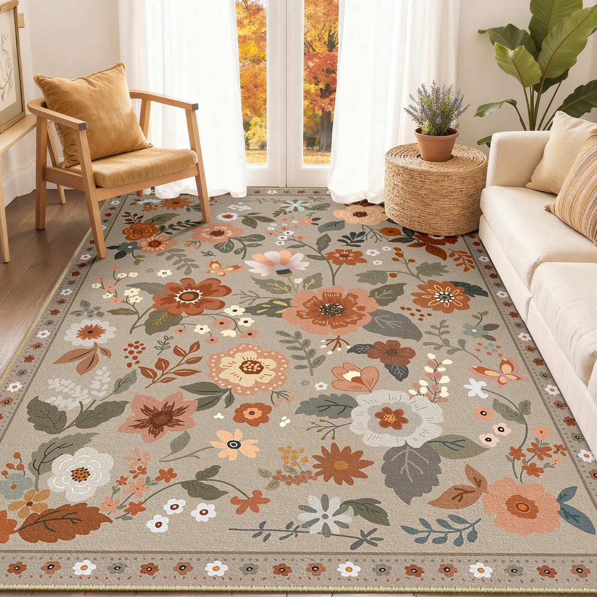 RELEANY Floral Washable 5x7 Area Rugs Black | Flower Carpet, Print, Boho, Non-Slip, Easy to Clean, Soft, Low Pile for Living Room Bedroom Kitchen Office Entryway Hallway