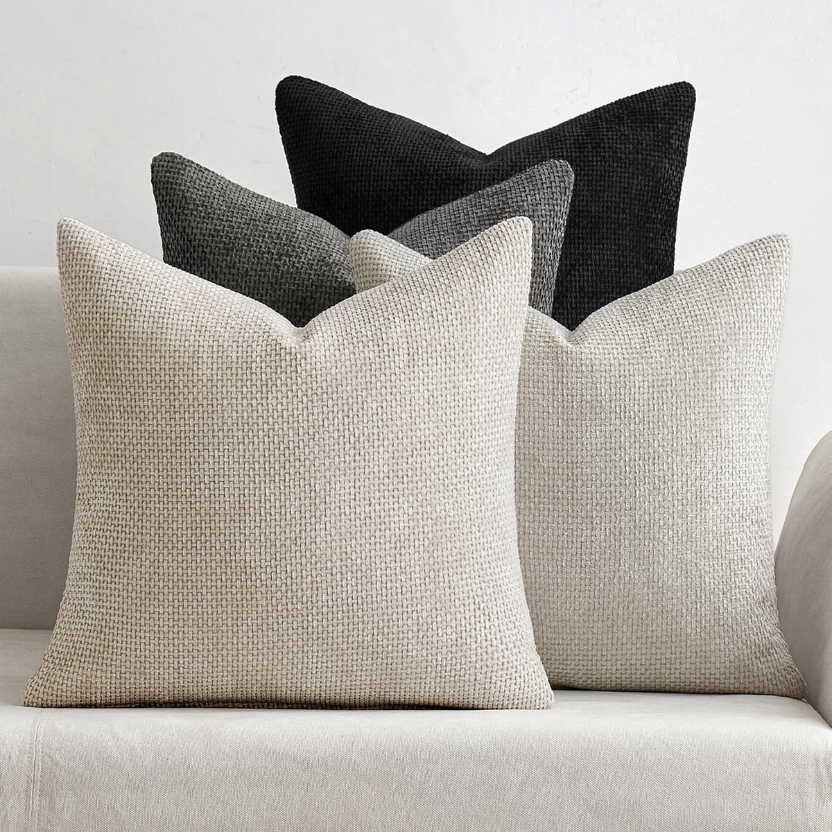 MIULEE Soft Decorative Chenille Pillow Covers Neutral 18x18 Pack of 4 | Mid Century Modern Decor, Cream to Charcoal Set, Couch Throw Pillows, Farmhouse Boho Cushion Covers for Sofa Bed Living Room