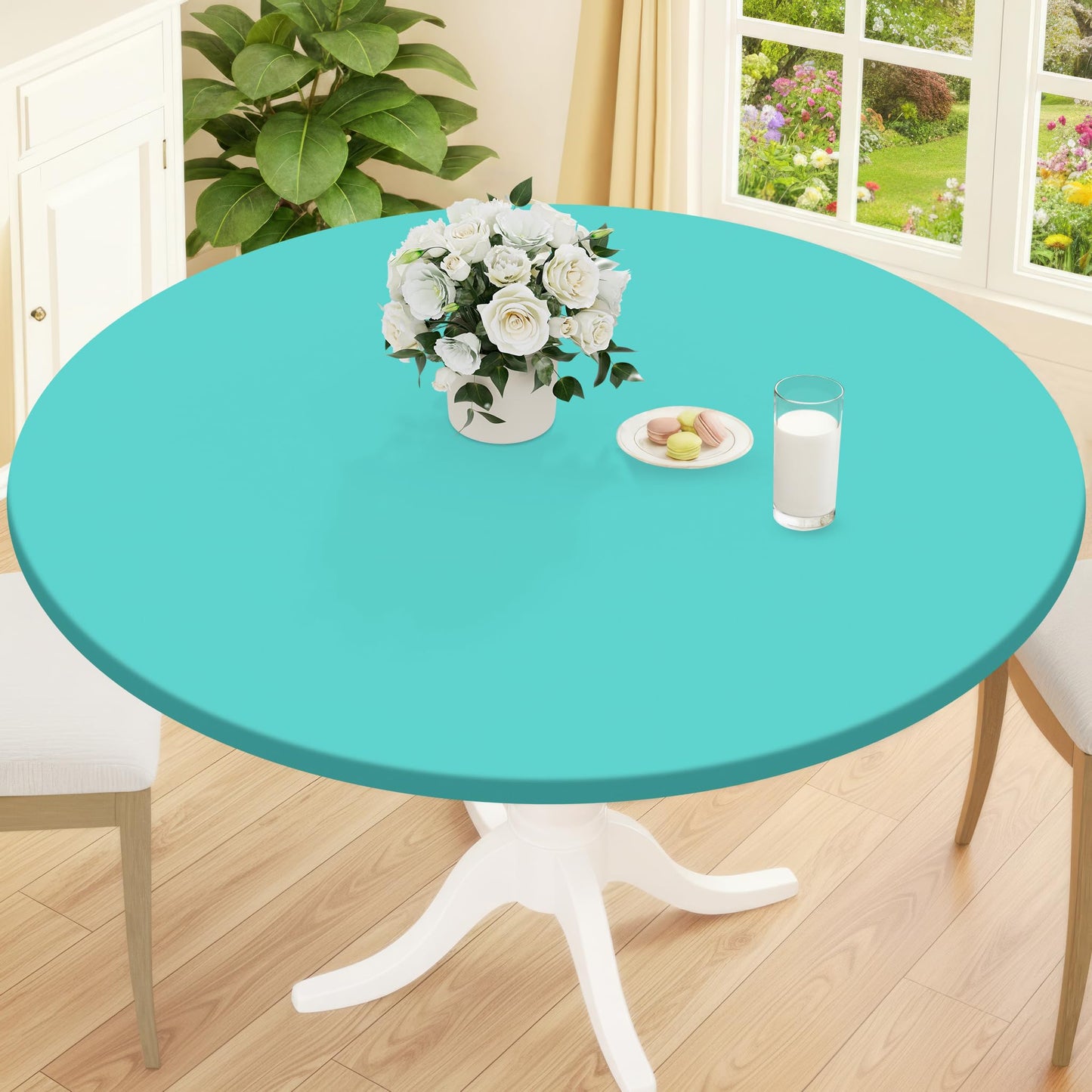 Smiry Round Picnic Tablecloth, Waterproof Elastic Fitted Table Covers for 45" - 56" Tables, Wipeable Flannel Backed Vinyl Tablecloths for Camping, Indoor, Outdoor, Grey & White