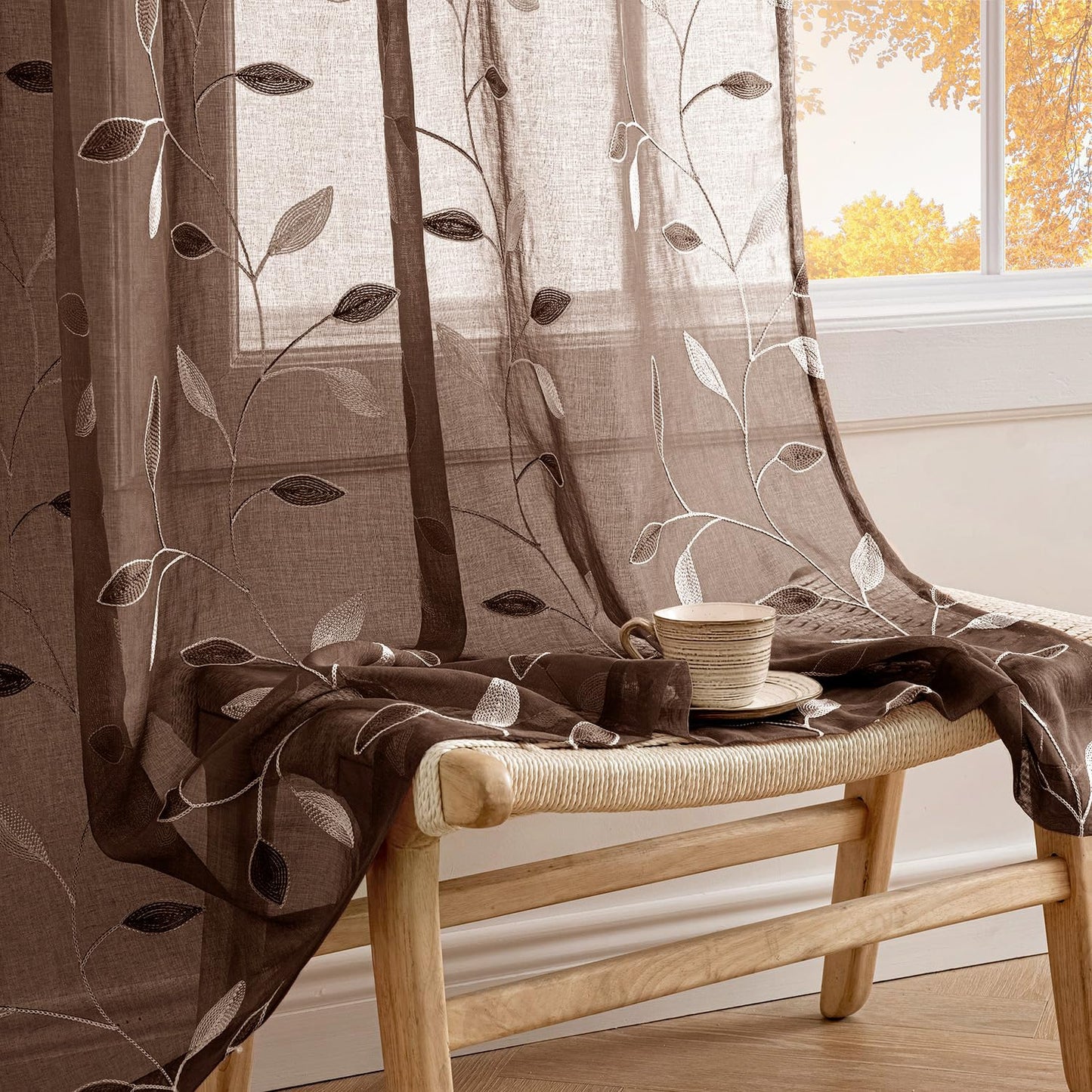 MIULEE Sage Green Sheer Curtains 2 Panels Leaf Patterned, W52 x L84 | Embroidered Floral Semi Sheer,Rod Pocket,Faux Linen,Short Window Curtains Drapes Set for Kitchen/Bathroom/Cafe
