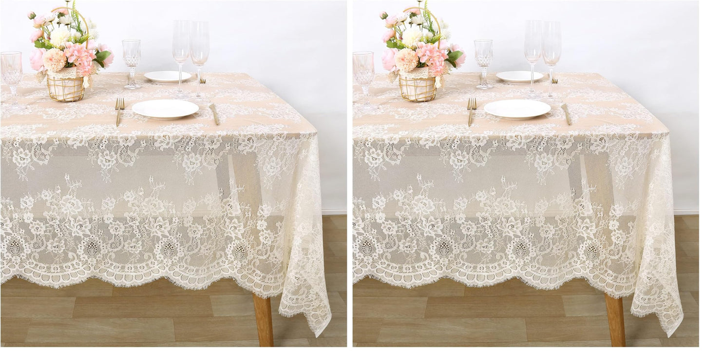 Fanqisi Ivory Lace Tablecloth 60x120 Inches Classic Wedding Lace Tablecloths Overlay Party Table Cover for Bridal Shower Reception Table Decoration