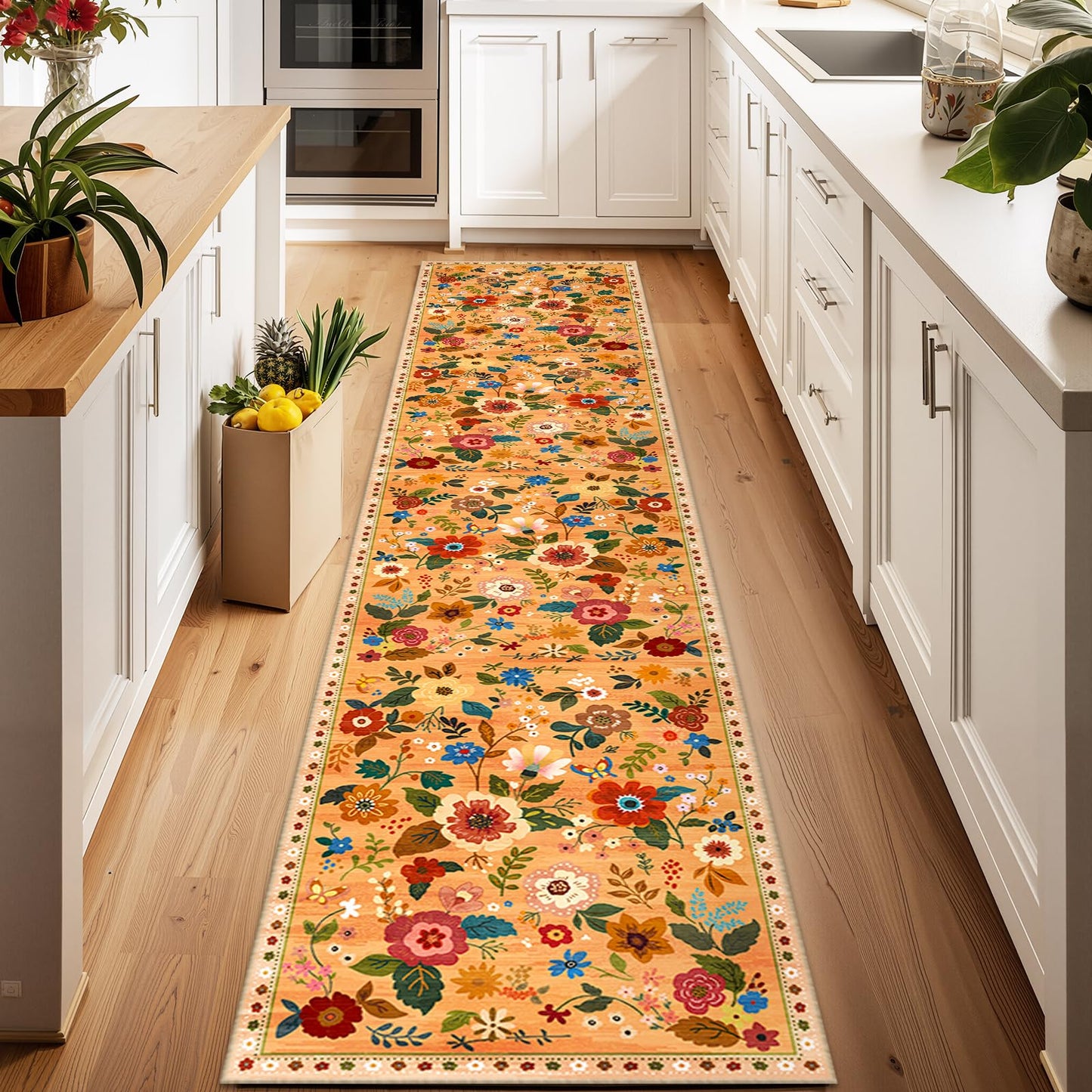 RELEANY Floral Washable 5x7 Area Rugs Beige/White/Orange | Flower Carpet, Print, Boho, Non-Slip, Easy to Clean, Soft, Low Pile for Living Room Bedroom Kitchen Office Entryway Hallway