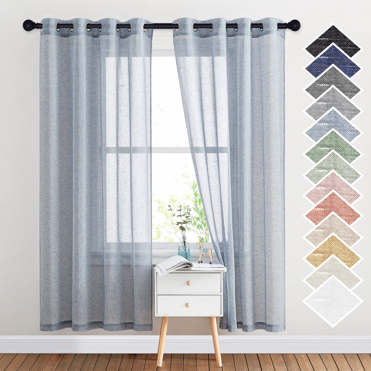 NICETOWN White Sheer Linen Curtains for Living Room 84 inch Length 2 Panels Set, Grommet Semi Sheer Privacy with Light Filtering Flax Window Treatments for Bedroom, W52 x L84