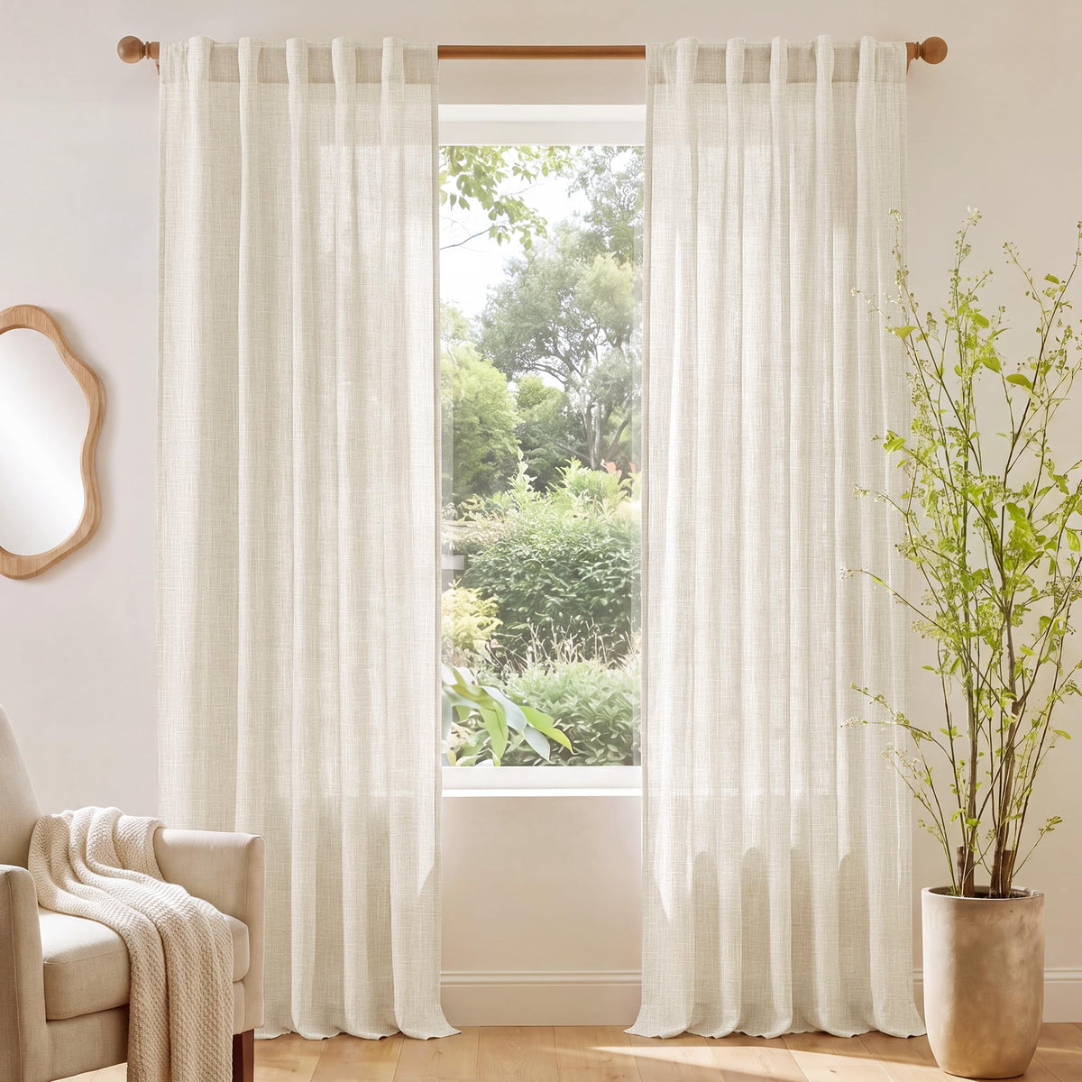 NICETOWN Semi Sheer White Curtains 84 inch Long, Rod Pocket & Back Tab Sheer Linen Curtains & Drapes Balance Privacy & Light Panels for Bedroom/Living Room, W52 x L84, 2 Panels