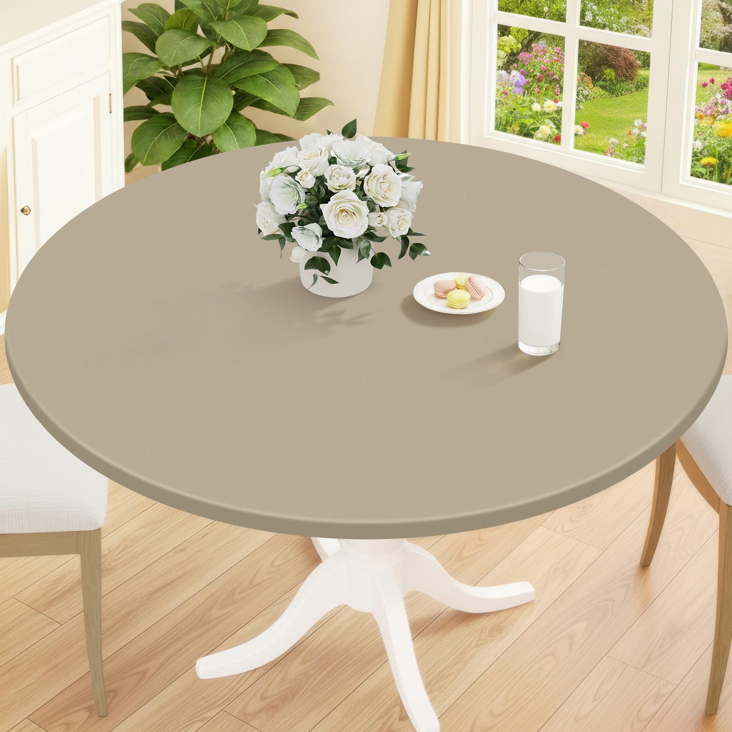 Smiry Round Picnic Tablecloth, Waterproof Elastic Fitted Table Covers for 45" - 56" Tables, Wipeable Flannel Backed Vinyl Tablecloths for Camping, Indoor, Outdoor, Grey & White