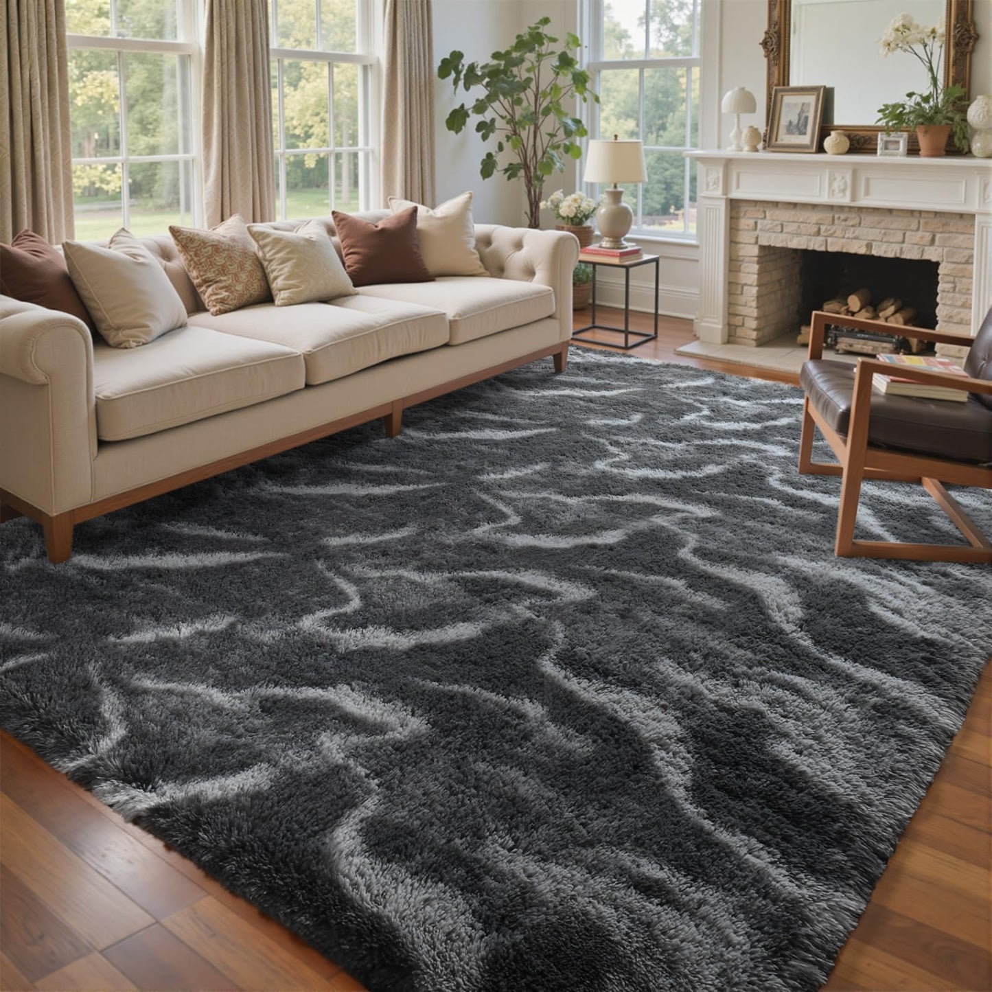 6x9 Ft Large Shag Rugs for Living Room Decor, Tie-Dyed Ultra Soft Fluffy Furry Area Rugs for Bedroom Indoor Floor, Aesthetic Carpet for Kids Home (Dark Grey)