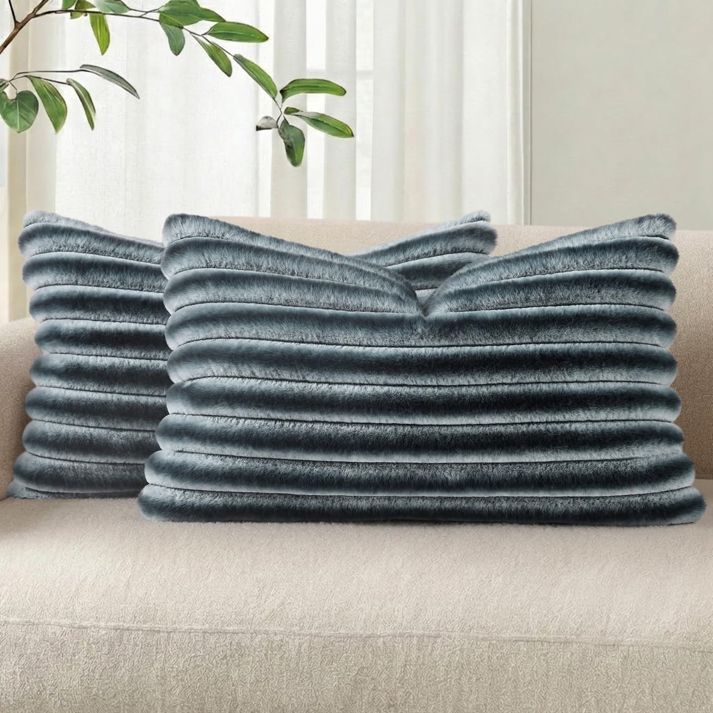 Pallene Faux Fur Decorative Throw Pillow Covers 18x18 Set of 2, Cream White | Luxury Plush Texture, Striped Design, Cozy Soft Touch, Modern Home Accent Decor for Couch, Sofa, Bed, Living Room