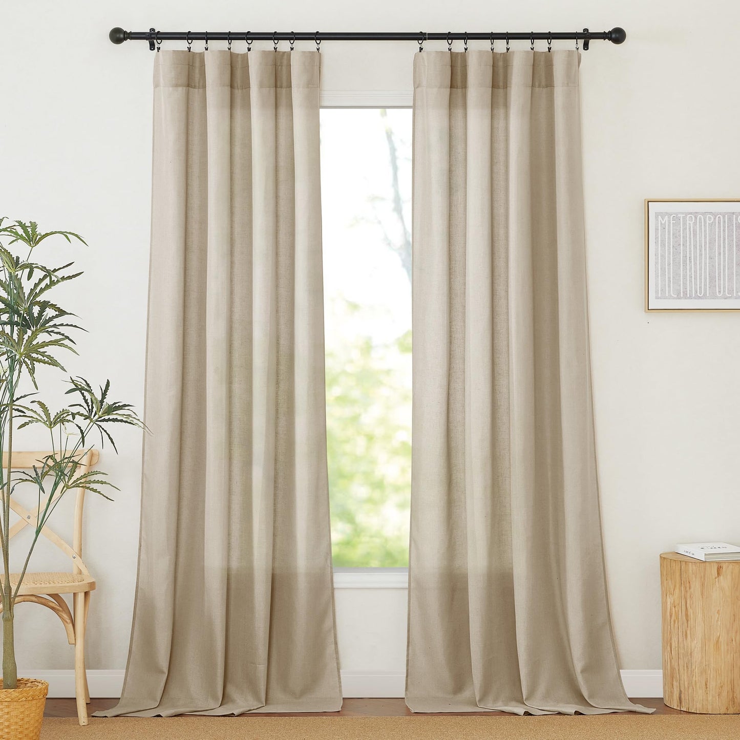 RYB HOME White Semi Sheer Curtains 84 inches Long for Living Room | Half Privacy, Linen Textured, Sheer Light Filtering, Vertical Window Drapes, for Bedroom Dining, White, W52 x L84, 2 Panels