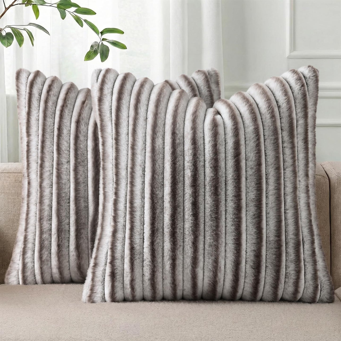 Pallene Faux Fur Decorative Throw Pillow Covers 18x18 Set of 2, Cream White | Luxury Plush Texture, Striped Design, Cozy Soft Touch, Modern Home Accent Decor for Couch, Sofa, Bed, Living Room
