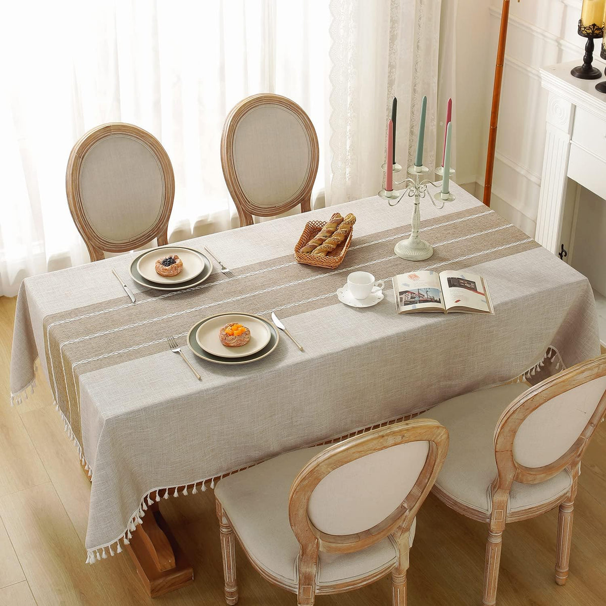 Laolitou Rustic Tablecloth Cotton Linen Waterproof Farmhouse Tablecloth Burlap Table Cloths for Kitchen Dining Cloth Table Cloth for Rectangle Tables Coffee Lines Rectangle,55''x70'',4-6 Seats