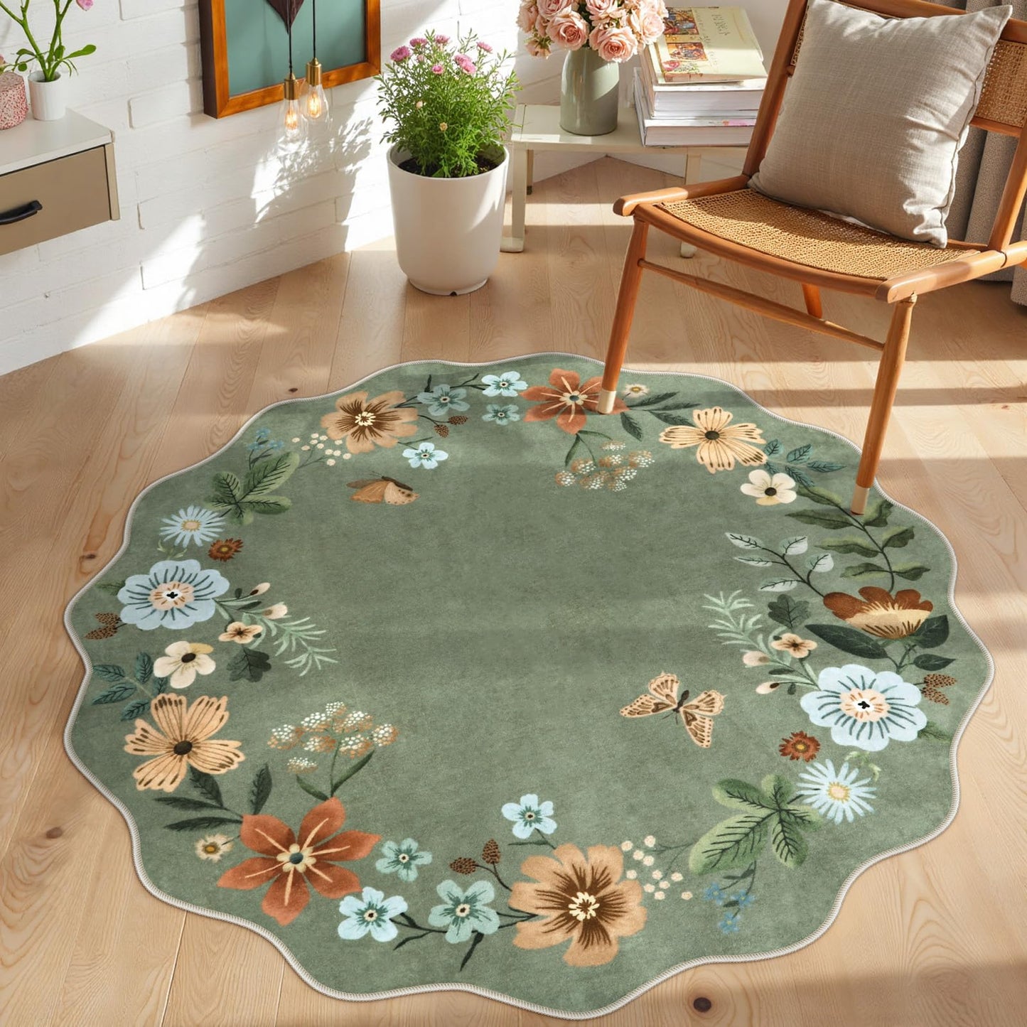 Lahome Floral Washable Living Room Rug, 5x7 Area Rugs for Bedroom Soft | Dining Room Rug Ultra-Thin Non Slip Stain Resistant Boho Low-Pile Throw Carpet for Office Flore (5x7ft, Beige)