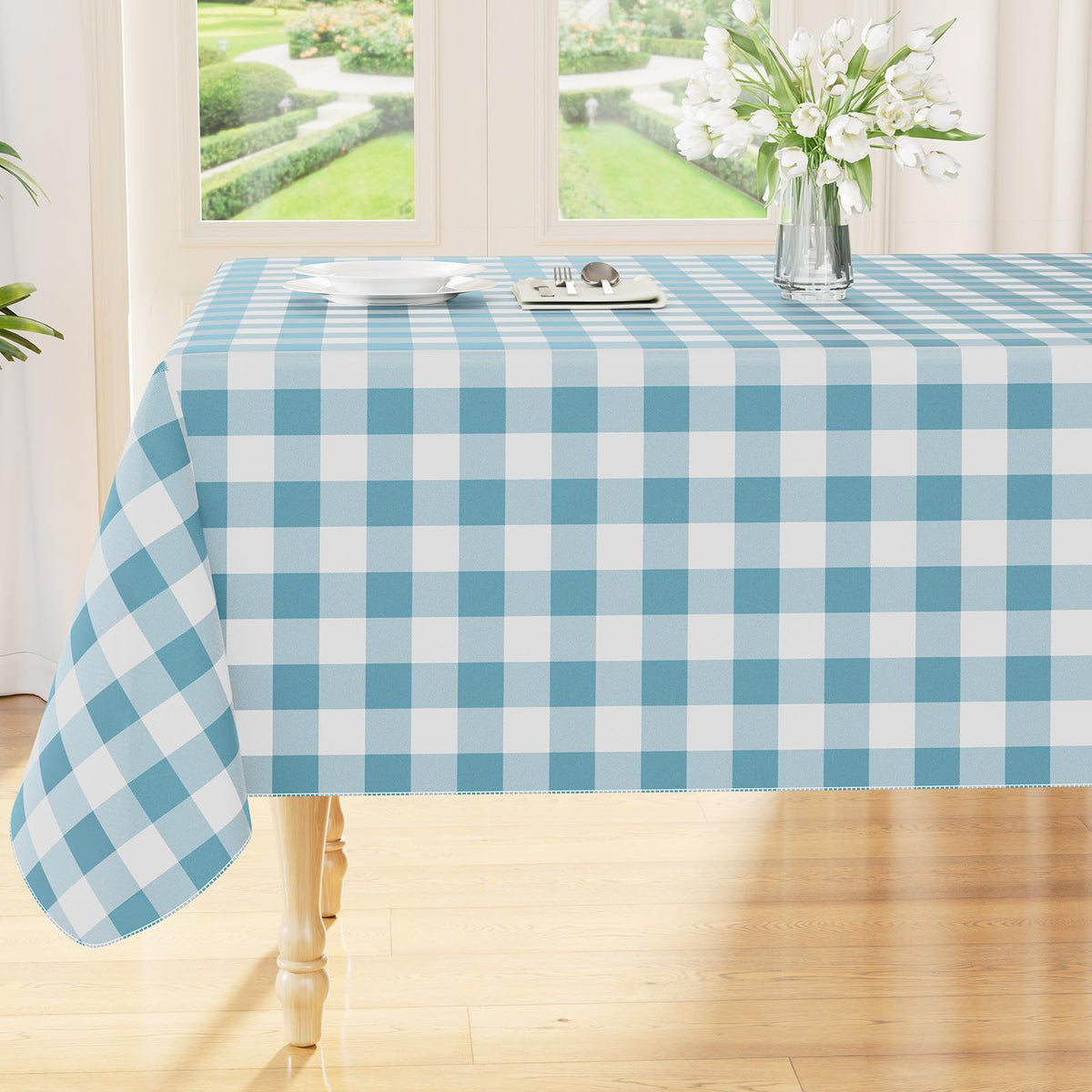 Smiry Picnic Table Cloth, Vinyl Tablecloths with Flannel Backing, 60"x84" | Waterproof Rectangle Table Cloth, Wipeable Buffalo Plaid Table Cover for Indoor and Outdoor (Khaki & White)