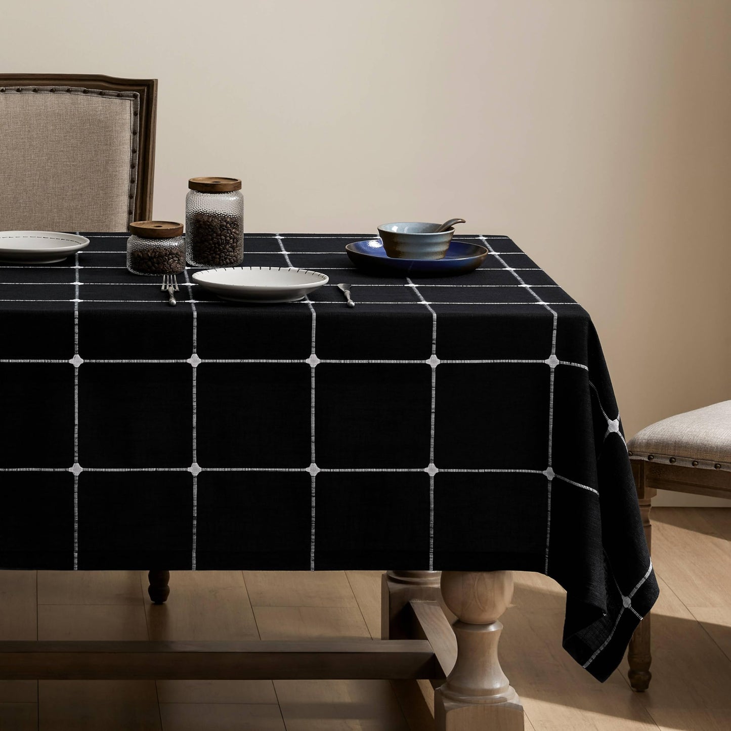 Grid Embroidered Rectangle Hemmed Tablecloths 60x120in, Blue | Heavy Weight Non-sheer Linen Fabric, Mitered Corner Finish, Water Resistant Farmhouse Table Cover, Boho Plaid Home Decor