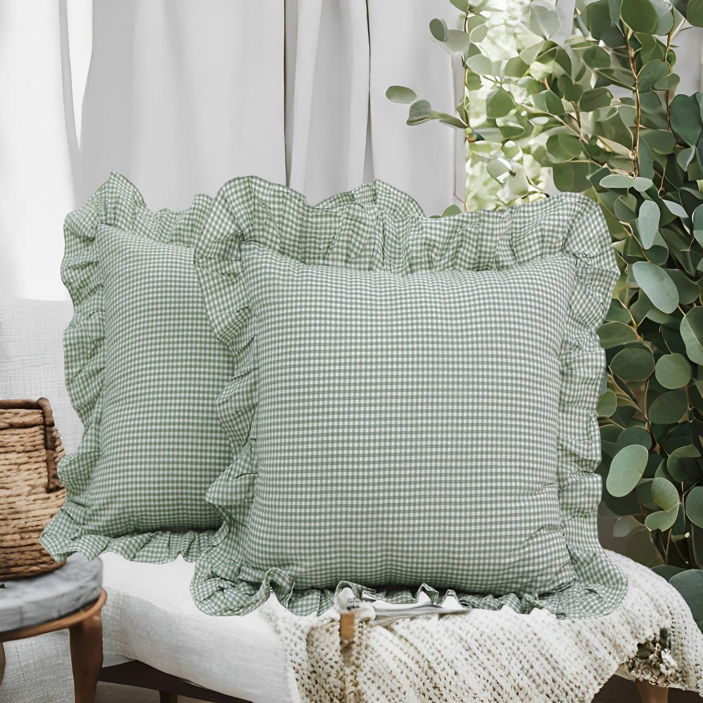 Lemfux Cotton Euro Shams with White Lace Ruffles, 26 x26 Inch, Set of 2,Rustic Farmhouse Lace Shabby Soft Breathable Bridal Pure White European, White Decorative Pillow Covers