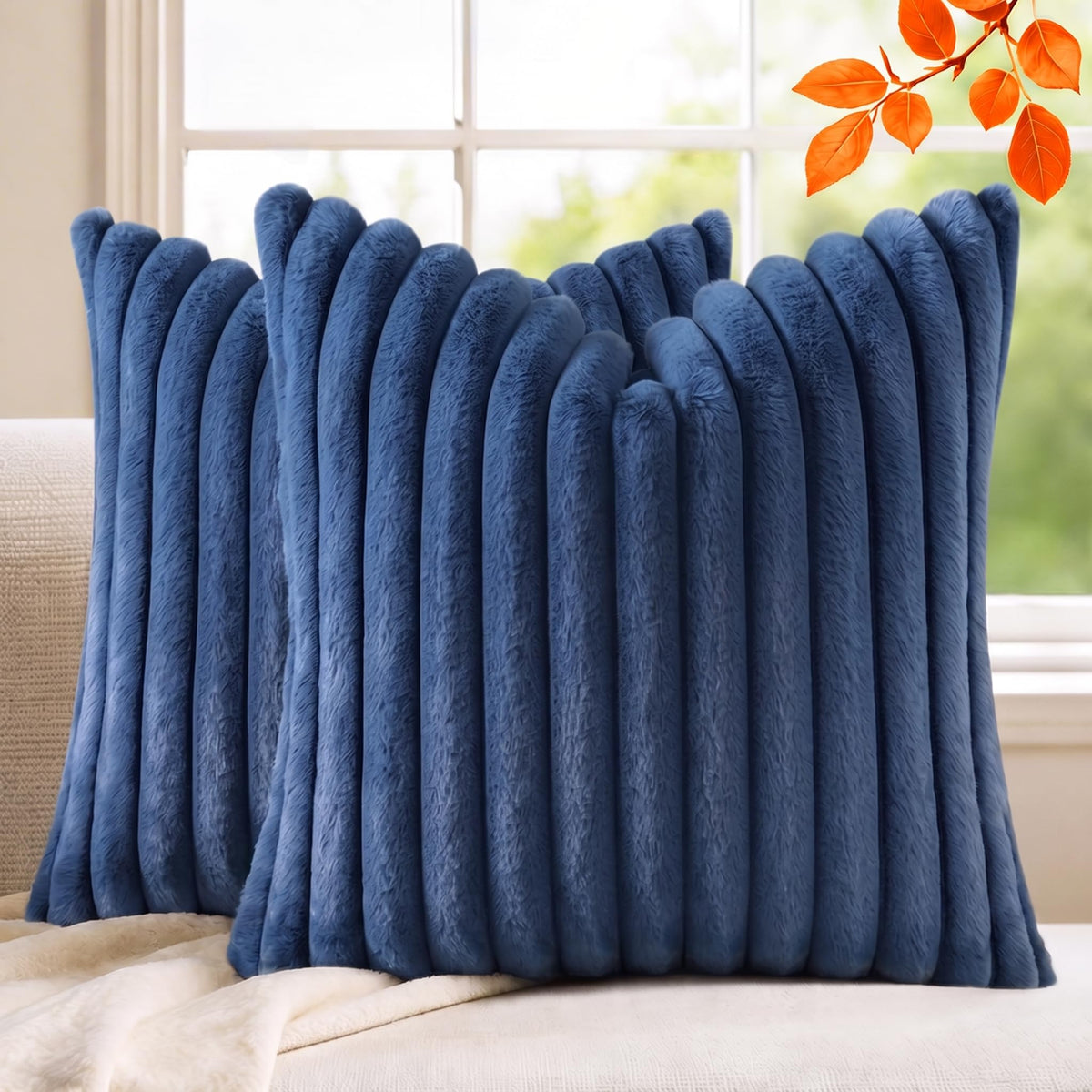 Pack of 2 Throw Pillow Covers 18x18 Decorative Solid Plush Faux Fur with Soft Velvet Back, Square Striped Cushion Cases Modern Farmhouse Home Decor for Living Room Couch Sofa Bed Cream White