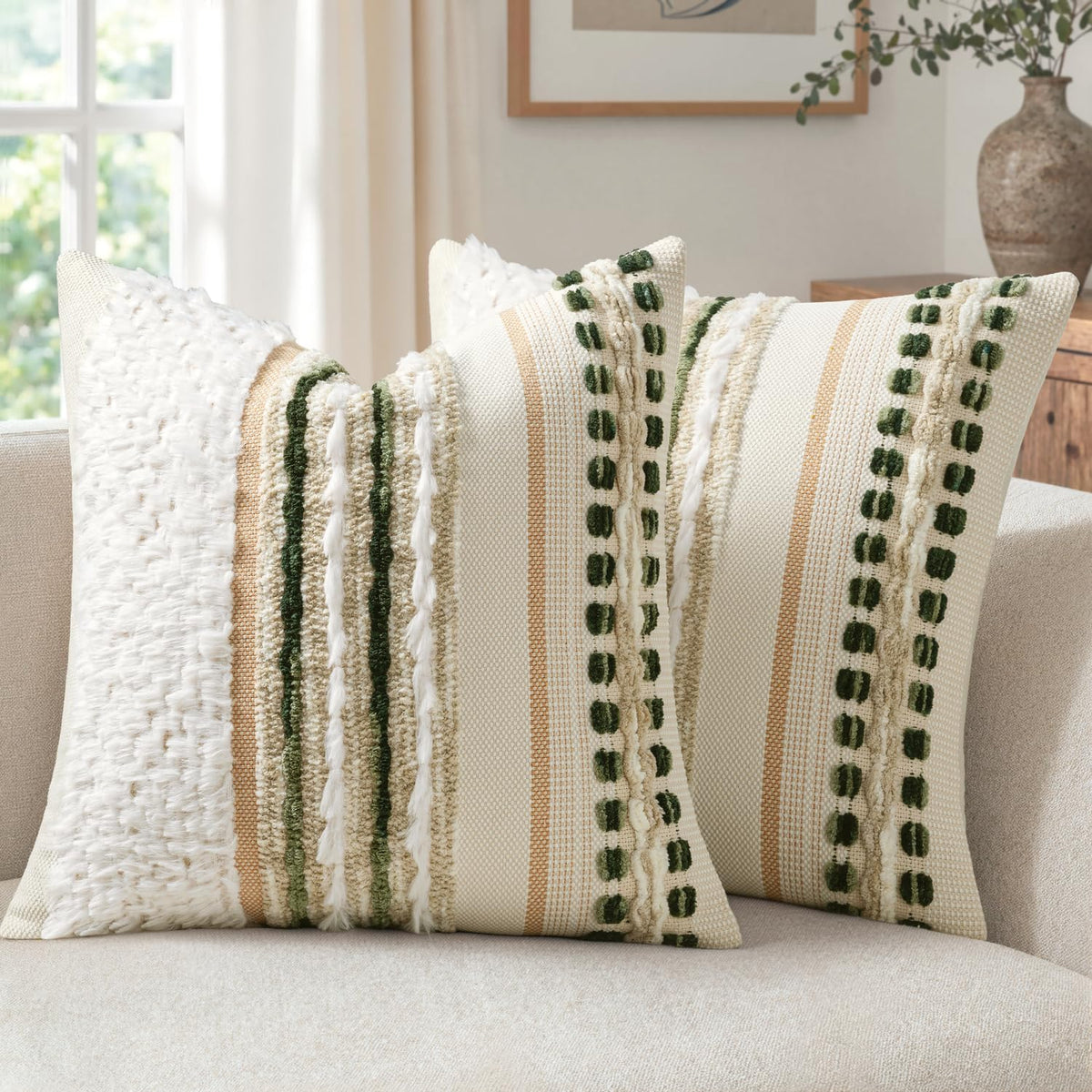 ANRODUO Boho Decorative Pillow Covers Olive Green Stripe 18x18 Pack of 2 | Throw Pillow Covers, Farmhouse Cushion Case, Chenille Pillow Cases, Pillow Covers, Accent Neutral Pillowcase for Couch Bed