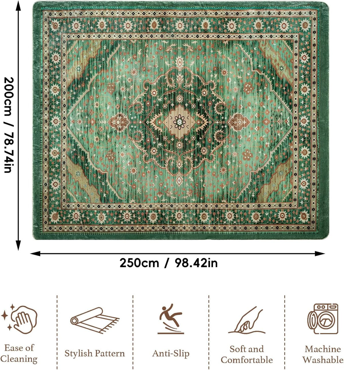 Vintage Texture Area Rug, Machine Washable, Anti-Slip, Stain Resistant, Soft Plush Floor Carpet for Living Room, Bedroom, Office(Green, 200 * 250CM)