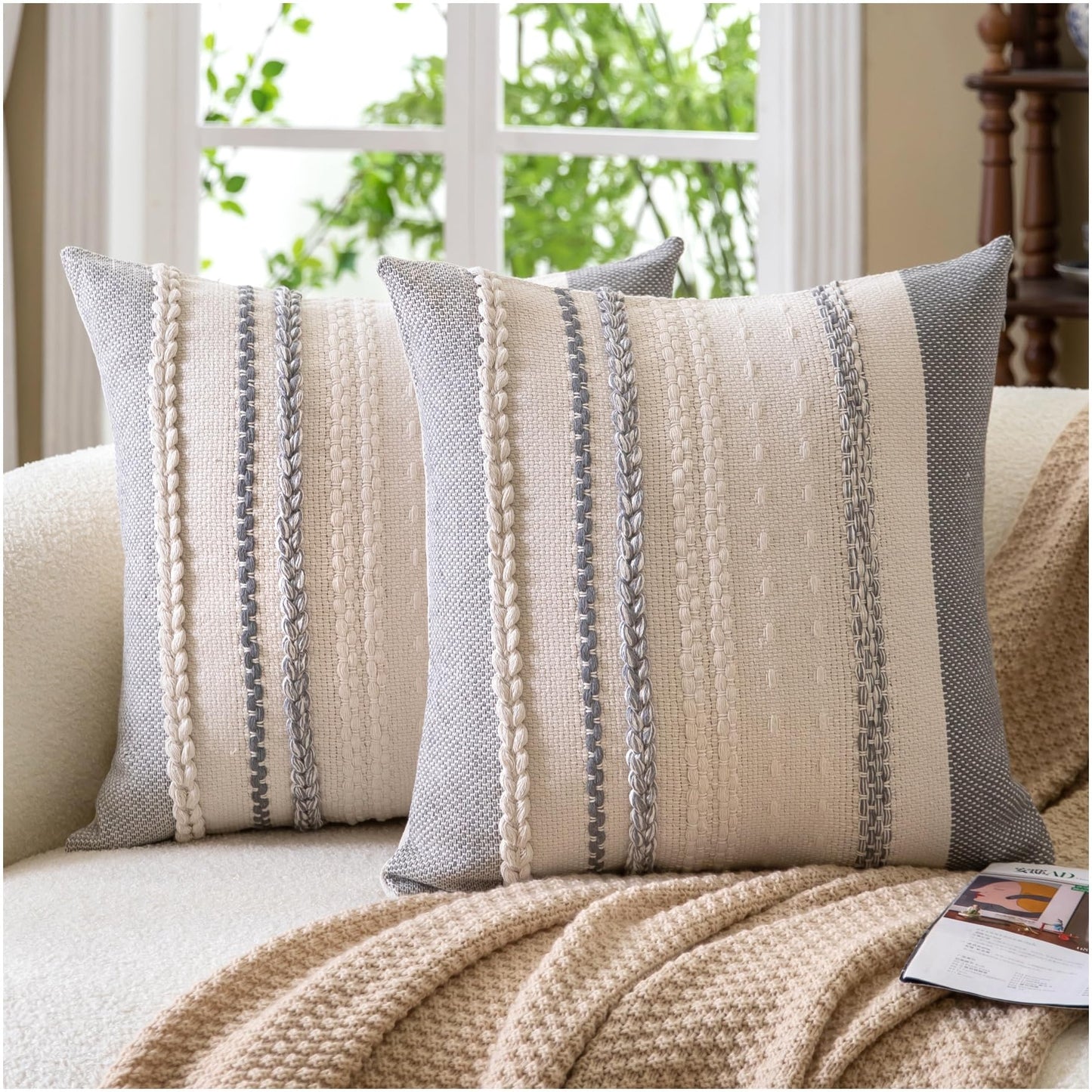 Cethom Boho Throw Pillow Covers 18x18 Inch Set of 2, Blue Textured Decorative Couch Pillow Cases for Farmhouse Home Decor, Accent Cushion Cover for Sofa, Bed, Living Room, Bedroom
